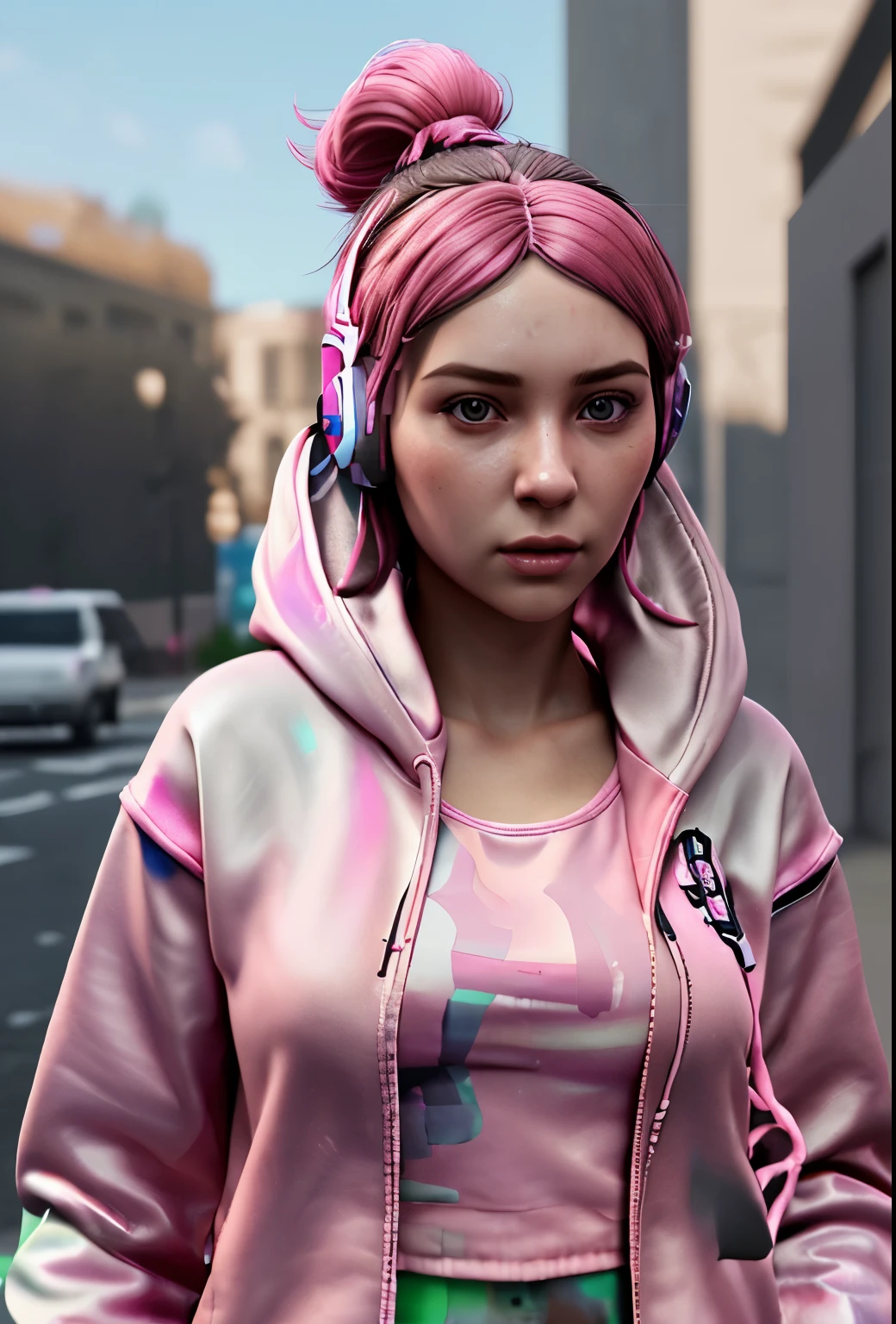 A close-up of a person wearing headphones, who wears a pink jacket, 3D-Rendering-Charakterkunst 8 k, realistischer Kunststil, pink girl, photorealistischer Kunststil, deviantart artstation cgscosiety, wearing a pink hoodie, cyberpunk anime girl in hoodie, 3D-Charakter realistisch, rosa ikonische Figur, Fortnite-Charakter, 3D artists for hire, sauberer Kunststil