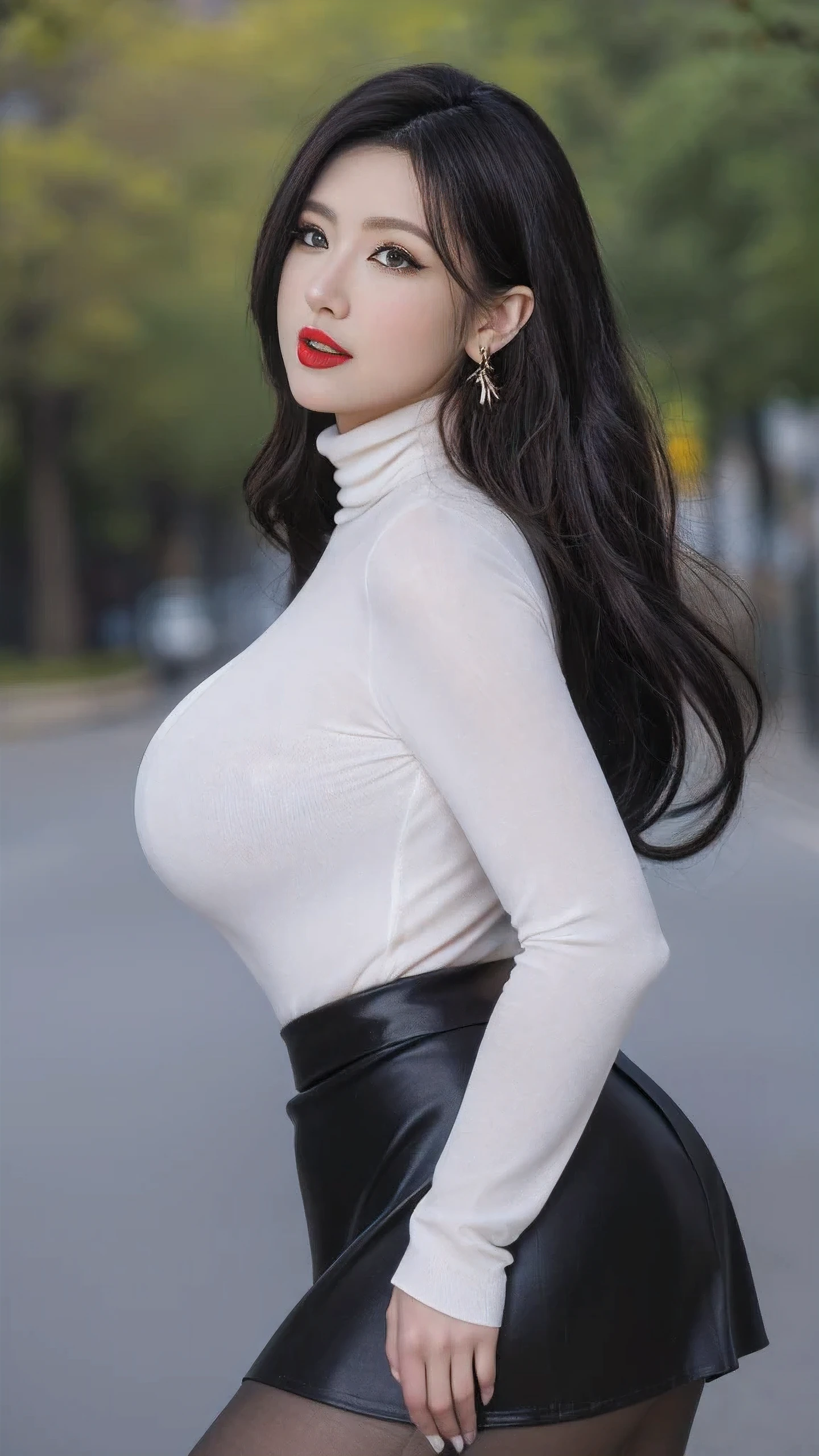 High, Leg length, ，High heel，standing outdoor，Bokeh，long eyelashes,深色eye shadow，涂lipstick，Her face is heavily made up，Very detailed,middle aged woman,cosmetic, (lipstick: 1.1), (Eyeliner: 1.2), mascara, eye shadow, curly, ear nipple ring, necklace, Black greasy pantyhose, There are wrinkles at the corners of the mouth,Long-legged pantyhose，Greasy reflective pantyhose，big breasts，Black，High heel，long distance full body photo，outdoor，Highly detailed 8k wallpaper), 8k,best quality, masterpiece, ultra high resolution,(lifelike:1.4), original photo, sharp focus, detailed, dramatic, exquisite beautiful woman, (tall and straight:1.1), (No), (droopy giant:1.1), (Fat Evil Goddesetallic high-leg turtleneck dress miniskirt:1.0),(turtleneck slim fit skirt),(Transparent metallic miniskirt ), half butterfly earrings, 双环necklace, (:1.05), (65 years old, : 1.4), cosmetic, (lipstick: 1.1), (Eyeliner: 1.2), mascara, eye shadow, Long curly hair, dynamic angle, (red lips)nice graphics, 大Leg length，Black Greasy reflective pantyhose，current employer，spectacular view, Show your whole body in the big city,