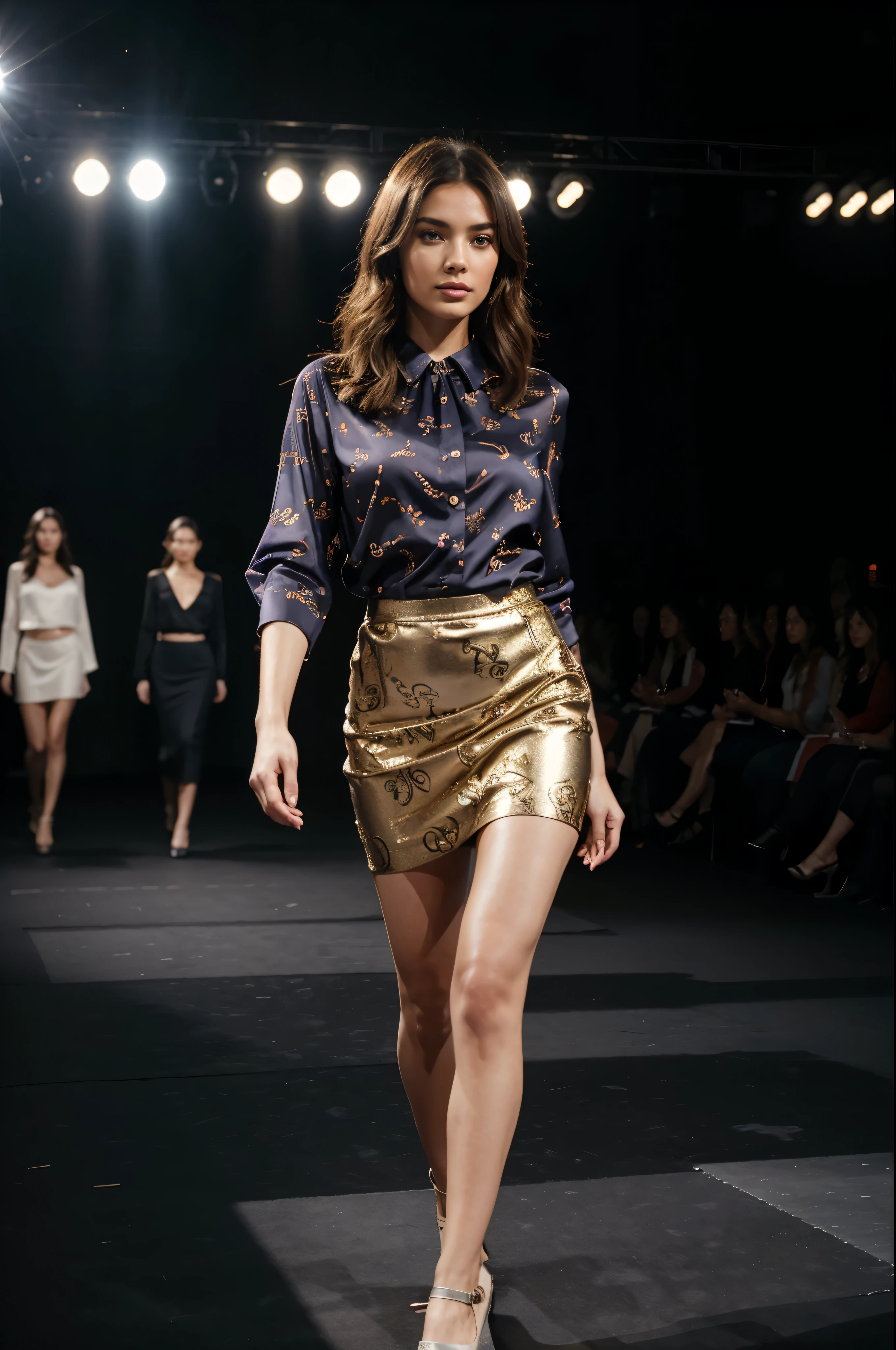 nsfw, 8k, best quality, highres, realistic, real person, A dynamic scene of a female model walking confidently down a runway, surrounded by a large audience under bright lights. The model is elegantly dressed in a high-fashion outfit, with the spotlight focused on her. She exudes confidence and grace as she strides forward. The audience is captivated, and the atmosphere is vibrant and glamorous, capturing the essence of a high-end fashion show. Anchor-print blouse, midi skirt, boat shoes. (( perfect face, perfect hands, perfect fingers))