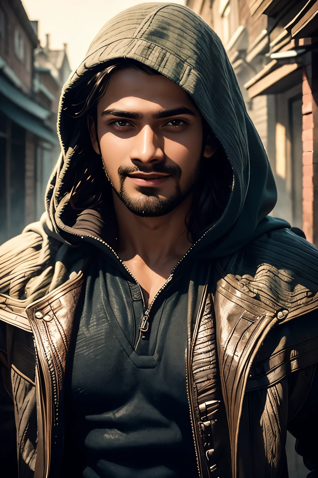 Rana, The Young Man in the Hood, Grinning face, long wavy hair from under the hood, diffused light,Fog in the background,The style of the game Assassin Creed