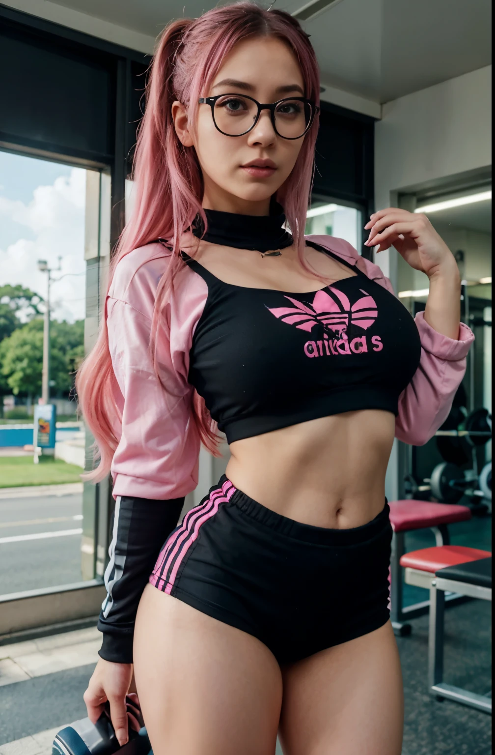 arafed woman in pink hair wearing black colour gym track suit ,with Adidas logo on the track suit ,wearing white glasses and lifting weight in gym, ross tran 8 k, smooth pink skin, alena aenami and artgerm, some pink, seductive anime girl, 8k high quality detailed art, badass anime 8 k, photorealistic anime girl render, thicc, pink girl, beautiful alluring anime woman, 3 d anime realistic
