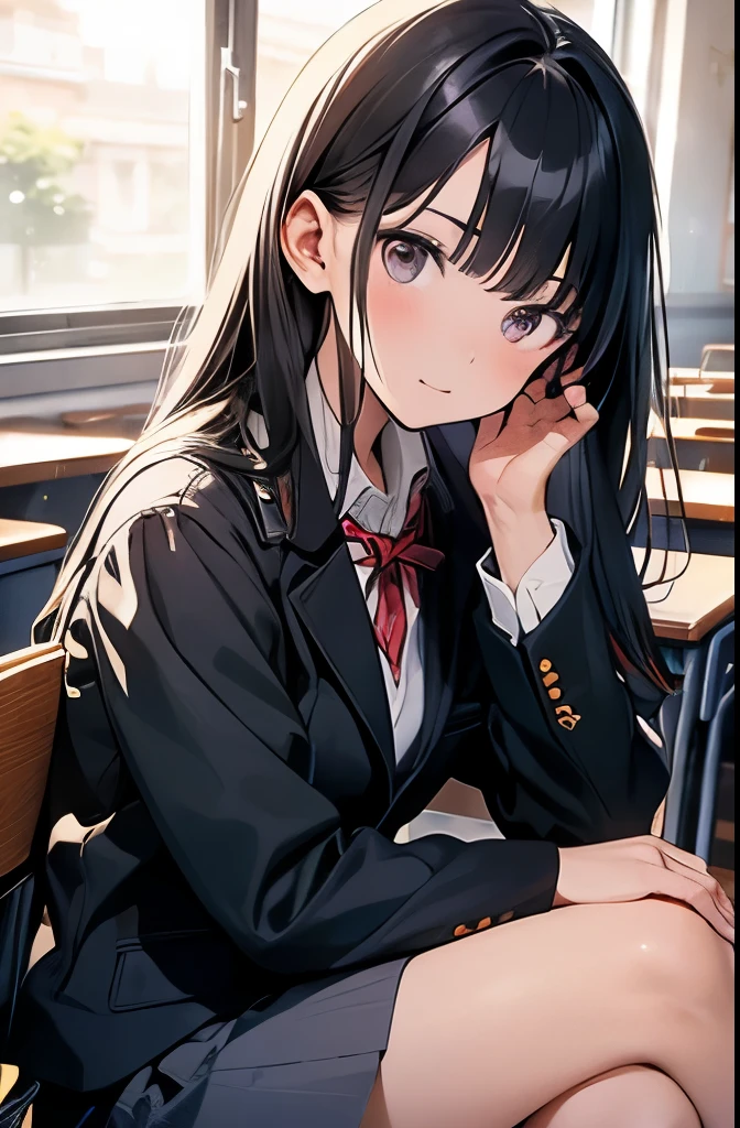 18 year old female、hair is black、long hair、eyes are big、uniform、classroom、sitting、