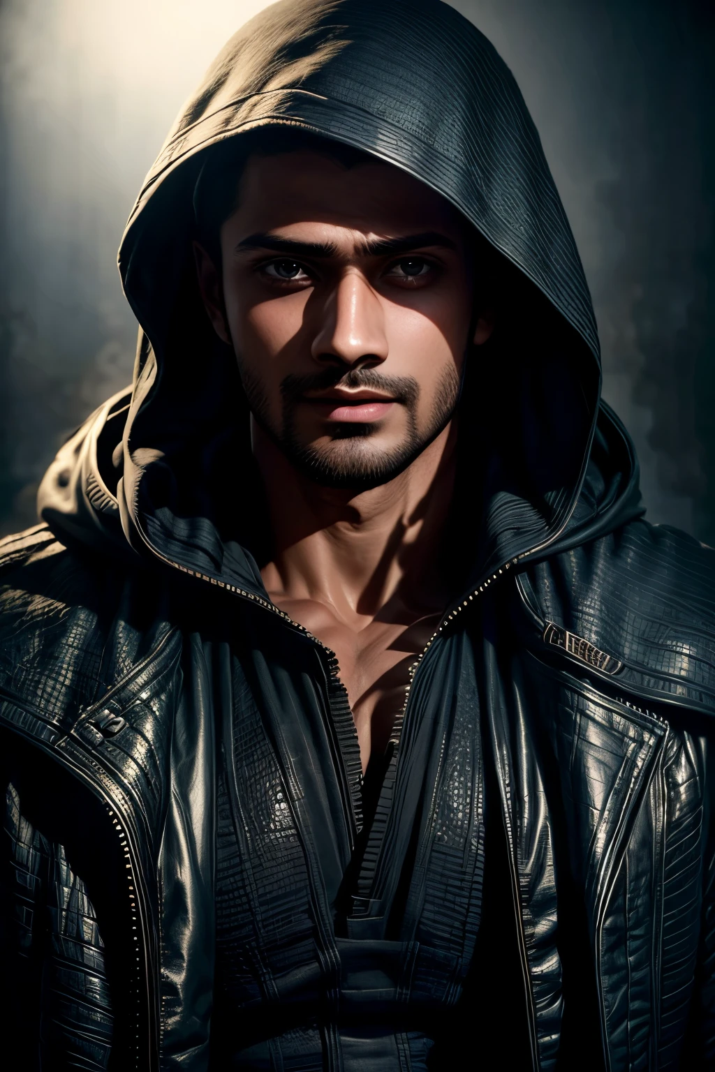 Rana, The Young Man in the Hood, Blissful face, long wavy hair from under the hood, diffused light,Fog in the background,The style of the game Assassin Creed