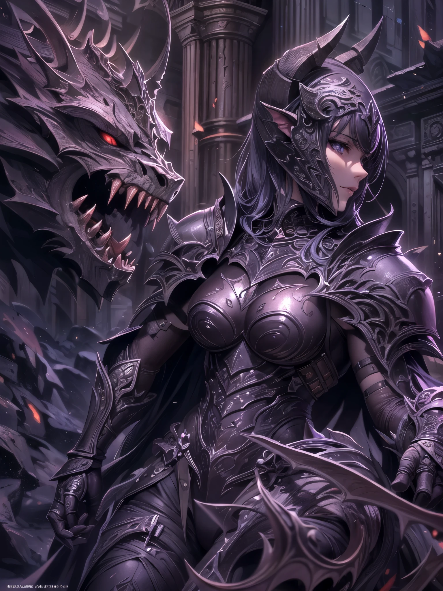 ((highest quality)),(ultra high resolution),(Super detailed),(detailed description),((best CG)),(best work of art),super precision art,amazing drawing art,(Fantasy art with precise details:1.5), (1 female:1.5),(dark Knight:1.6),(Demon motif armor with attention to detail:1.6)