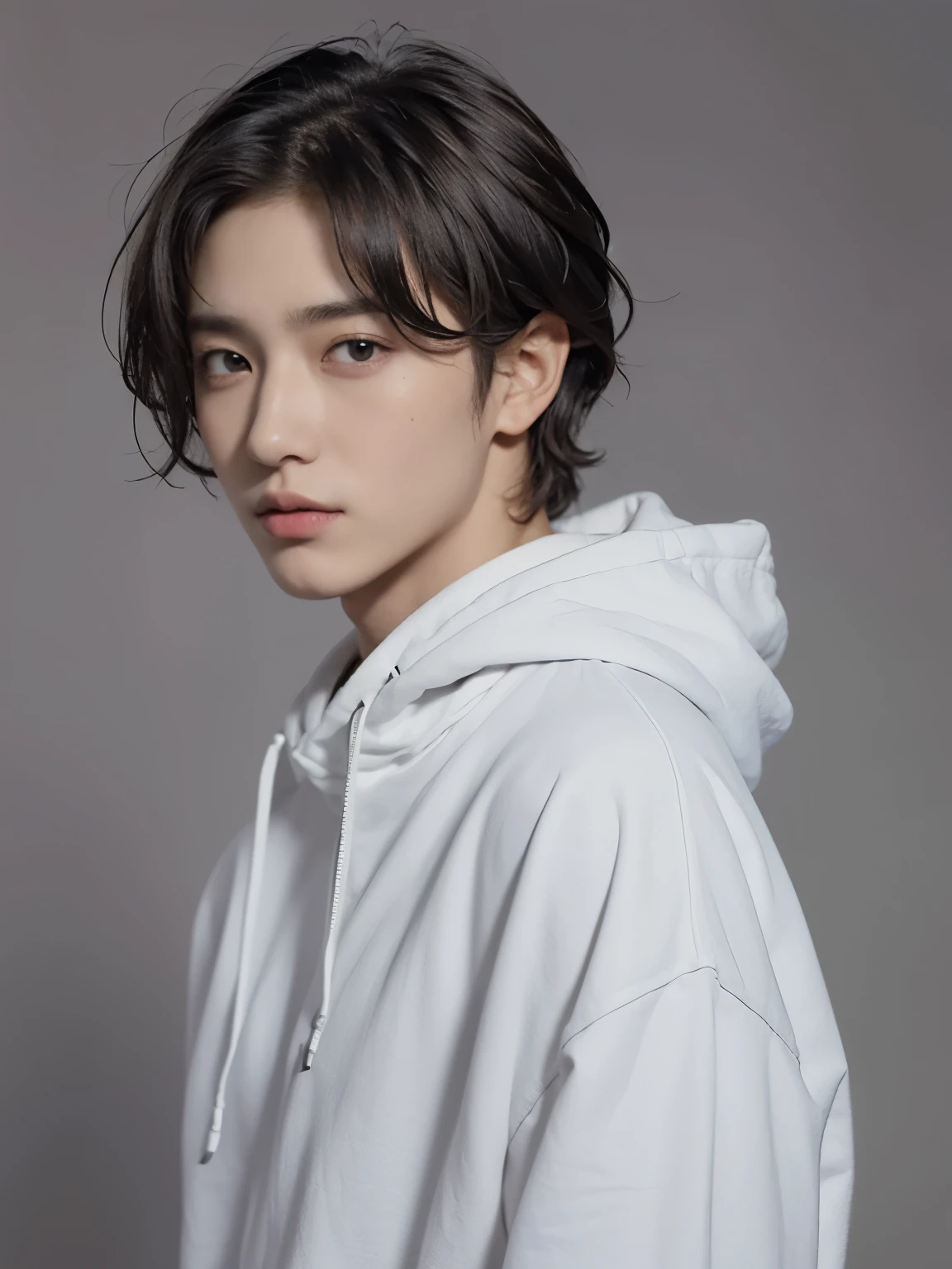 1 person,short hair,black hoodie, Upper body, 30 years old, 大人のmale、sexy look、Nihil、gigolo、host、Fair skin、slim, White gray background, high quality, Full HD, 16k, disorganized,looking at something else, Curly hair,Central part,male、Jungkook、