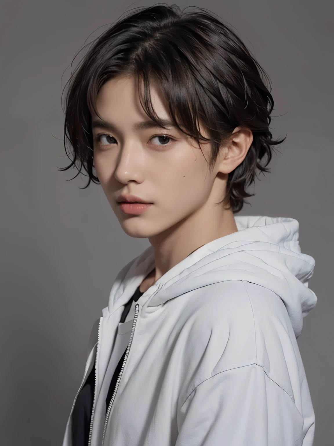 1 person,short hair,black hoodie, Upper body, 30 years old, 大人のmale、sexy look、Nihil、gigolo、host、Fair skin、slim, White gray background, high quality, Full HD, 16k, disorganized,looking at something else, Curly hair,Central part,male、Jungkook、