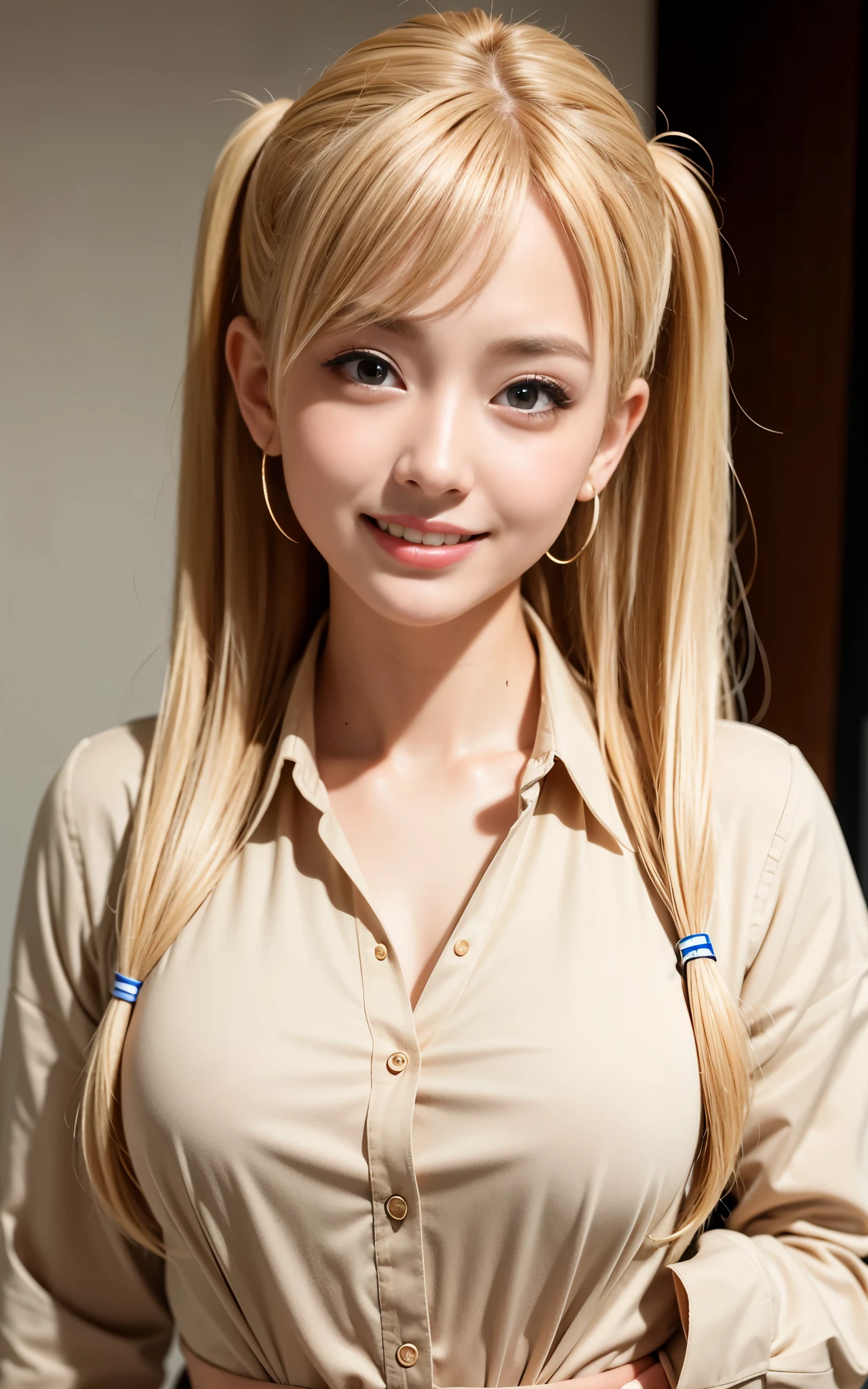 highest quality, figure, super detailed, finely, High resolution, 8k wallpaper, 完璧なダイナミックな構figure, beautiful skin, (big eyes), 20 year old beautiful girl, natural color lip, (sexy pose), mid chest, smile, Highly detailed face and skin texture, Detailed eyes, Double eyelid,leaking teeth and laughing, close-up, blonde twintails, (beige dress shirt:1.2), sunset
