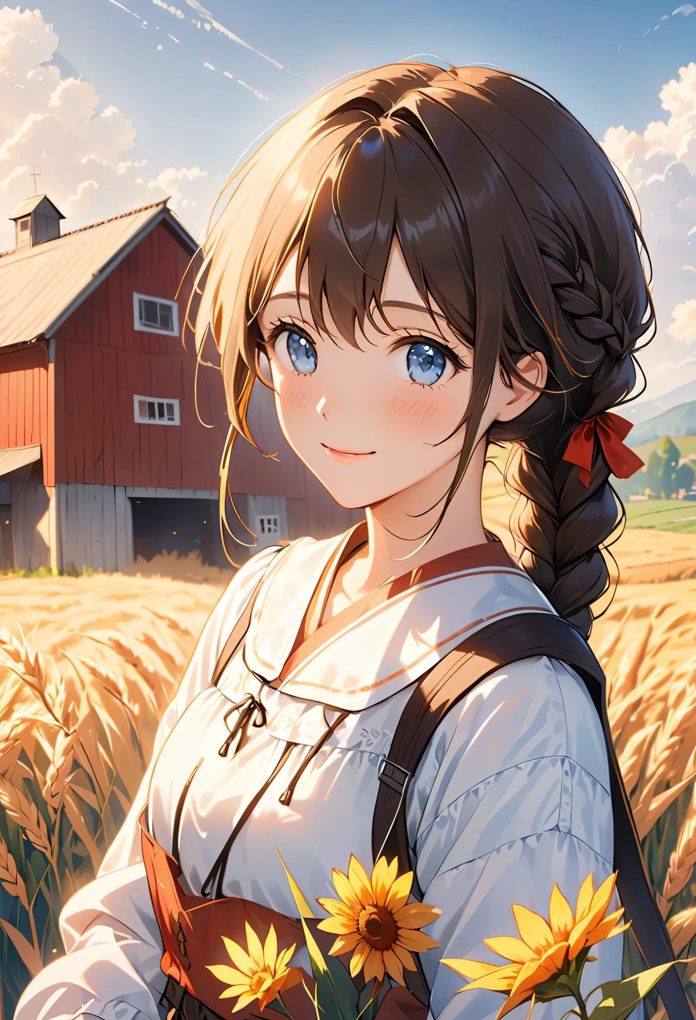 1 girl, 20 years old, tall and attractive, Wearing cute country clothes, hair braided, Stand in a rustic farm setting. she has a soft, Gentle smile and expressive eyes. A charming barn in the background, Golden wheat fields and clear blue sky. The composition should be bathed in warm golden hour light, Soft depth of field and soft bokeh accentuate the idyllic tranquility. Capture images just like shooting on old-school 35mm film,add charm, Movie,