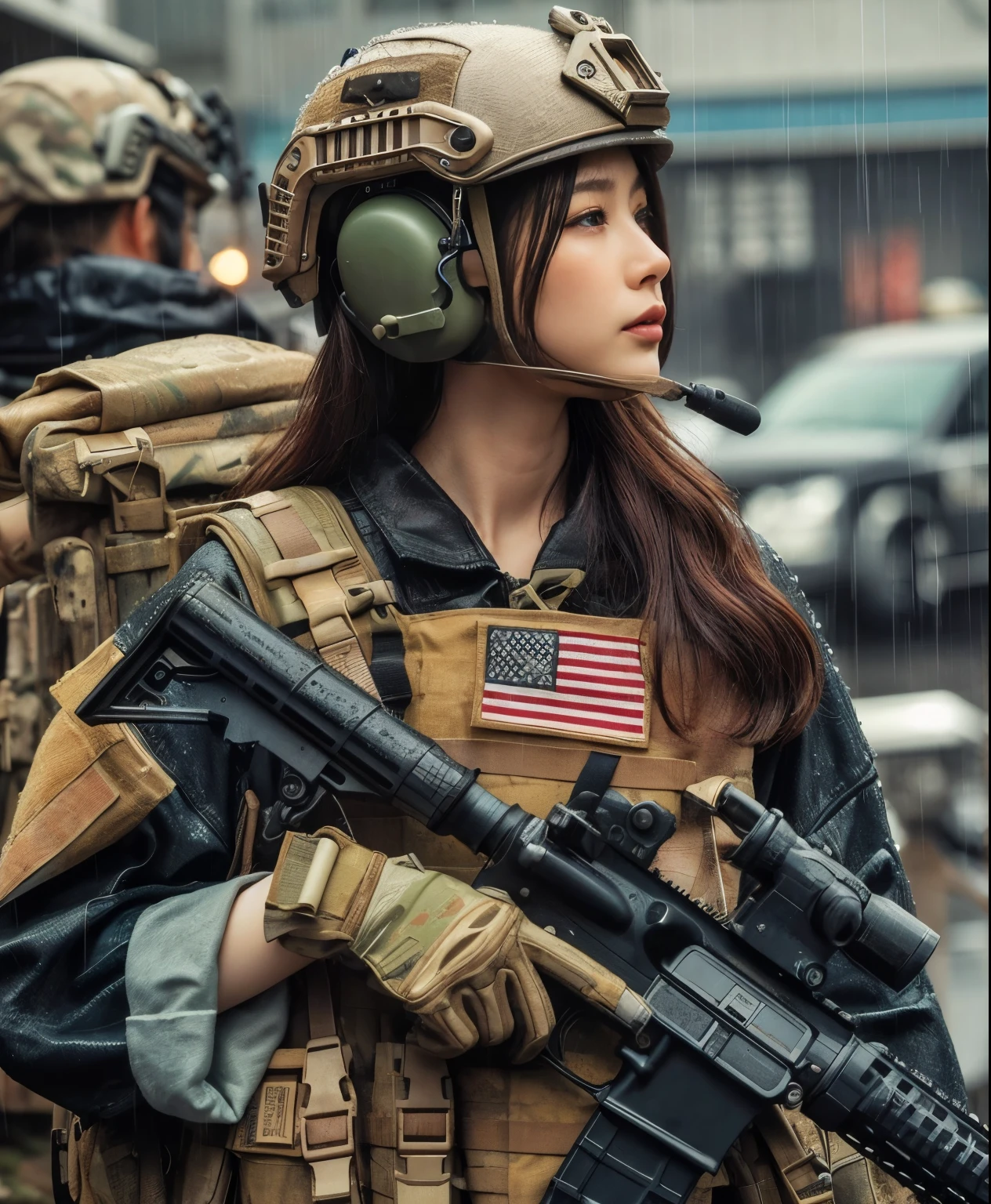 best quality,ultra-detailed,(realistic,photorealistic:1.37),beautiful detailed eyes,beautiful detailed lips,extremely detailed eyes and face,longeyelashes,1girl,illustration,porcelain skin,lifelike skin texture,shimmering skin,smooth complexion,raindrops on skin,rainwater glistening on skin,great attention to skin details,rain-soaked hair,drenched clothes,emotive expression,firm grip on the rifle,dynamic pose,running in the rain,Japanese-American woman in a military uniform,strained expression,fierce determination,determined eyes,stormy backdrop,swaggering confidently in the downpour,tactical vest and gear,water splashing against the gun barrel,gun smoke,water droplets on the rifle,moisture dripping from the weapon,high-quality lighting,crisp and vibrant colors,gritty undertones,dark and moody atmosphere,rainfall obscuring the background,high dynamic range,rich contrast,sharp focus on the character,enhanced details in the water droplets,rain soaked ground,high-resolution,4K,8K,masterpiece:1.2.