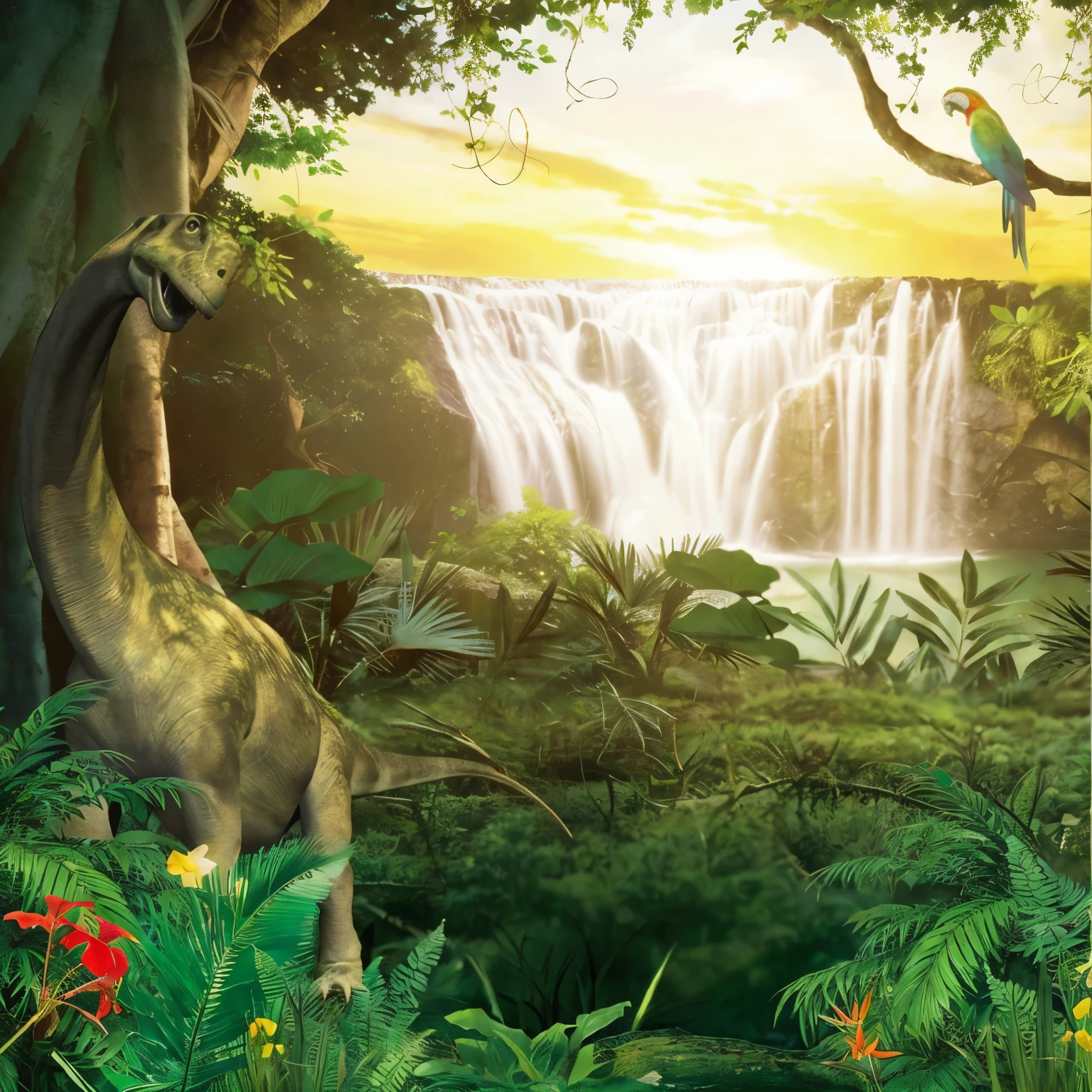 there is a dinosaur in the jungle with a waterfall in the background, 瀑布background, background jungle, Jurassic images, Jungle Book, There are trees and waterfalls, the jungle at the background, jungle background, jungle nature, Jungle scene, the background is lush jungle, Pristine jungle, jungle landscape, beautiful jungle, . background: jungle river, ancient jungle, forest and waterfall