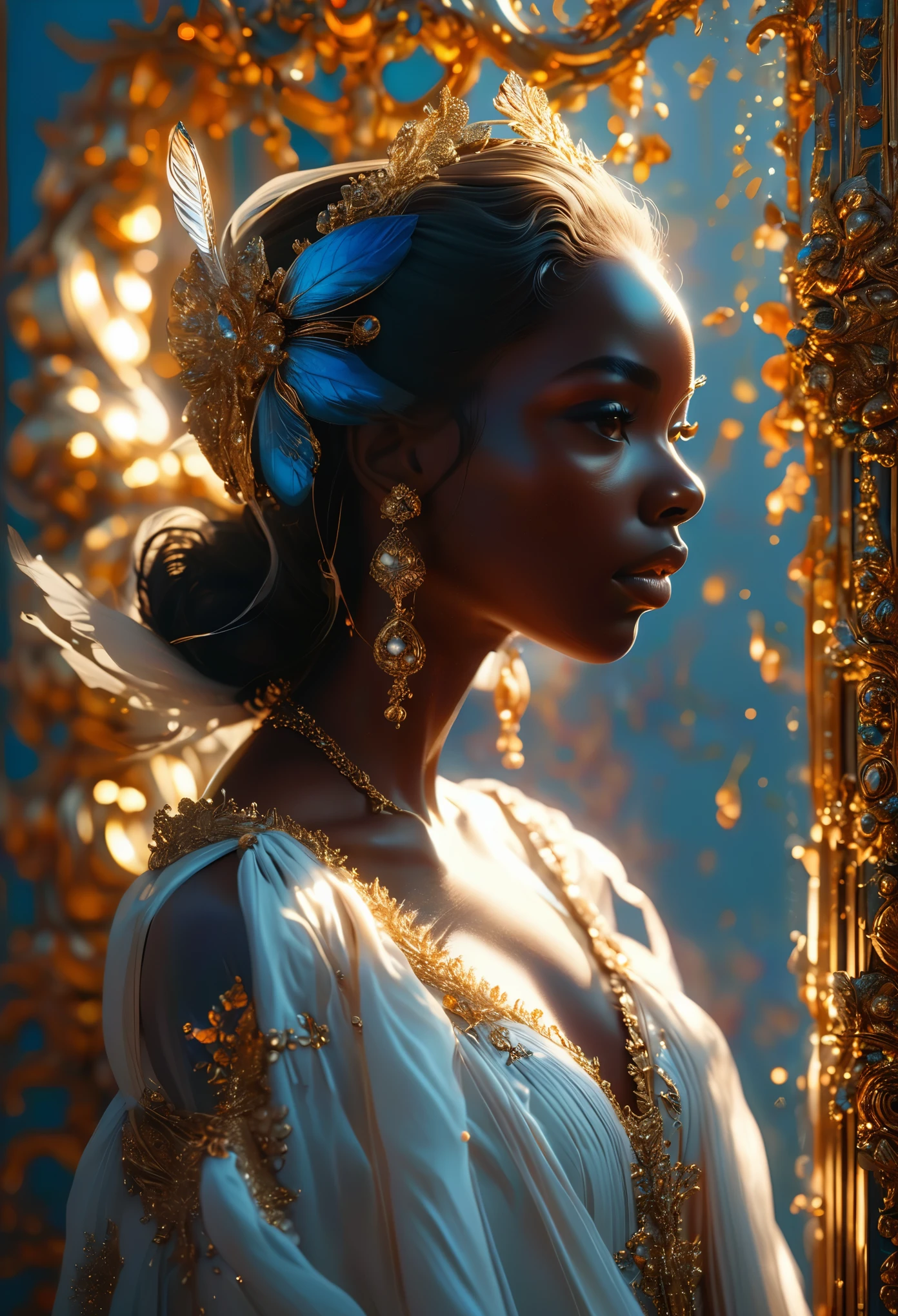 Romance in a heavenly palace, le titre est Soulmate, un couple (((darkskin))) in a heavenly court, une masgistrat céleste aux longs cheveux noirs qui tient un sceptre et un juge céleste aux longs cheveux blancs qui tient un sceptre-lance, visage très fins, (((very beautiful))), visages parfait, corps entier, 8K, extremely detailed, (high quality,realistic,photorealistic:1.37), Full body, ideal proportions and defined complexion, meticulously crafted features, unreachable beauty, perfection, breathtaking elegance, g curves, goddess-like figures, divine symmetry, artistic masterpieces, vivid realism, hyper-detailed sculptures, life-like forms, truly awe-inspiring, impeccable craftsmanship, pure radiance, ethereal beauty, delicate contours, striking poses, sublime beauty, subtle nuances, dynamic compositions, vibrant colors, perfect lighting, soulful expressions, celestial aura, majestic presence, dreamlike atmosphere, unmatched gdetailed octane render trending on artstation, 8 k artistic photography, photorealistic concept art, soft natural volumetric cinematic perfect light, chiaroscuro, award - winning photograph, masterpiece, oil on canvas, raphael, caravaggio, greg rutkowski, beeple, beksinski, gigerrace and elegance, dazzling perfection, magnificent creations., by Jacob Lawrence and Francis picabia, perfect composition, beautiful detailed intricate insanely