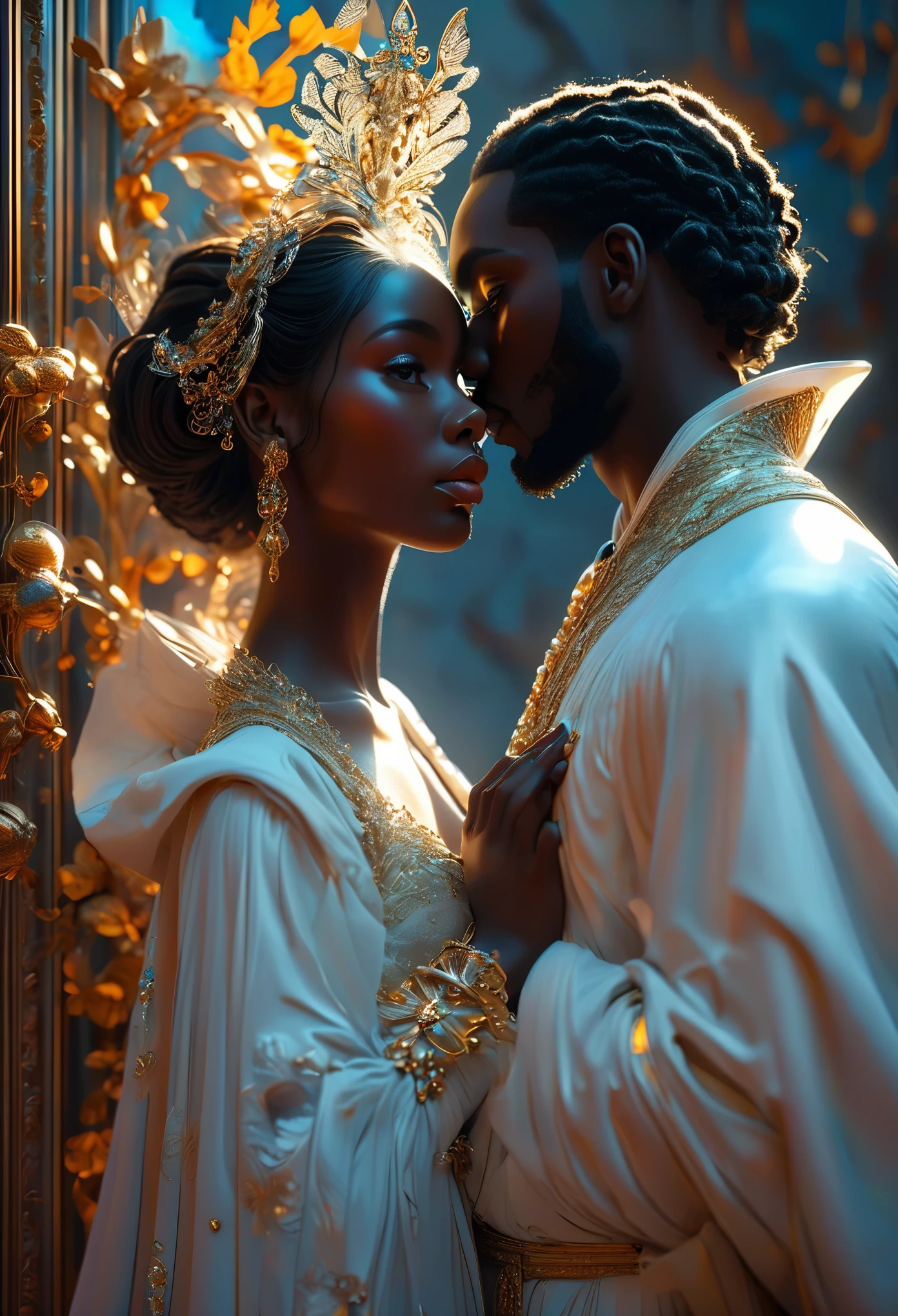 Romance in a heavenly palace, le titre est Soulmate, un couple (((darkskin))) in a heavenly court, une masgistrat céleste aux longs cheveux noirs qui tient un sceptre et un juge céleste aux longs cheveux blancs qui tient un sceptre-lance, visage très fins, (((very beautiful))), visages parfait, corps entier, 8K, extremely detailed, (high quality,realistic,photorealistic:1.37), Full body, ideal proportions and defined complexion, meticulously crafted features, unreachable beauty, perfection, breathtaking elegance, g curves, goddess-like figures, divine symmetry, artistic masterpieces, vivid realism, hyper-detailed sculptures, life-like forms, truly awe-inspiring, impeccable craftsmanship, pure radiance, ethereal beauty, delicate contours, striking poses, sublime beauty, subtle nuances, dynamic compositions, vibrant colors, perfect lighting, soulful expressions, celestial aura, majestic presence, dreamlike atmosphere, unmatched gdetailed octane render trending on artstation, 8 k artistic photography, photorealistic concept art, soft natural volumetric cinematic perfect light, chiaroscuro, award - winning photograph, masterpiece, oil on canvas, raphael, caravaggio, greg rutkowski, beeple, beksinski, gigerrace and elegance, dazzling perfection, magnificent creations., by Jacob Lawrence and Francis picabia, perfect composition, beautiful detailed intricate insanely

