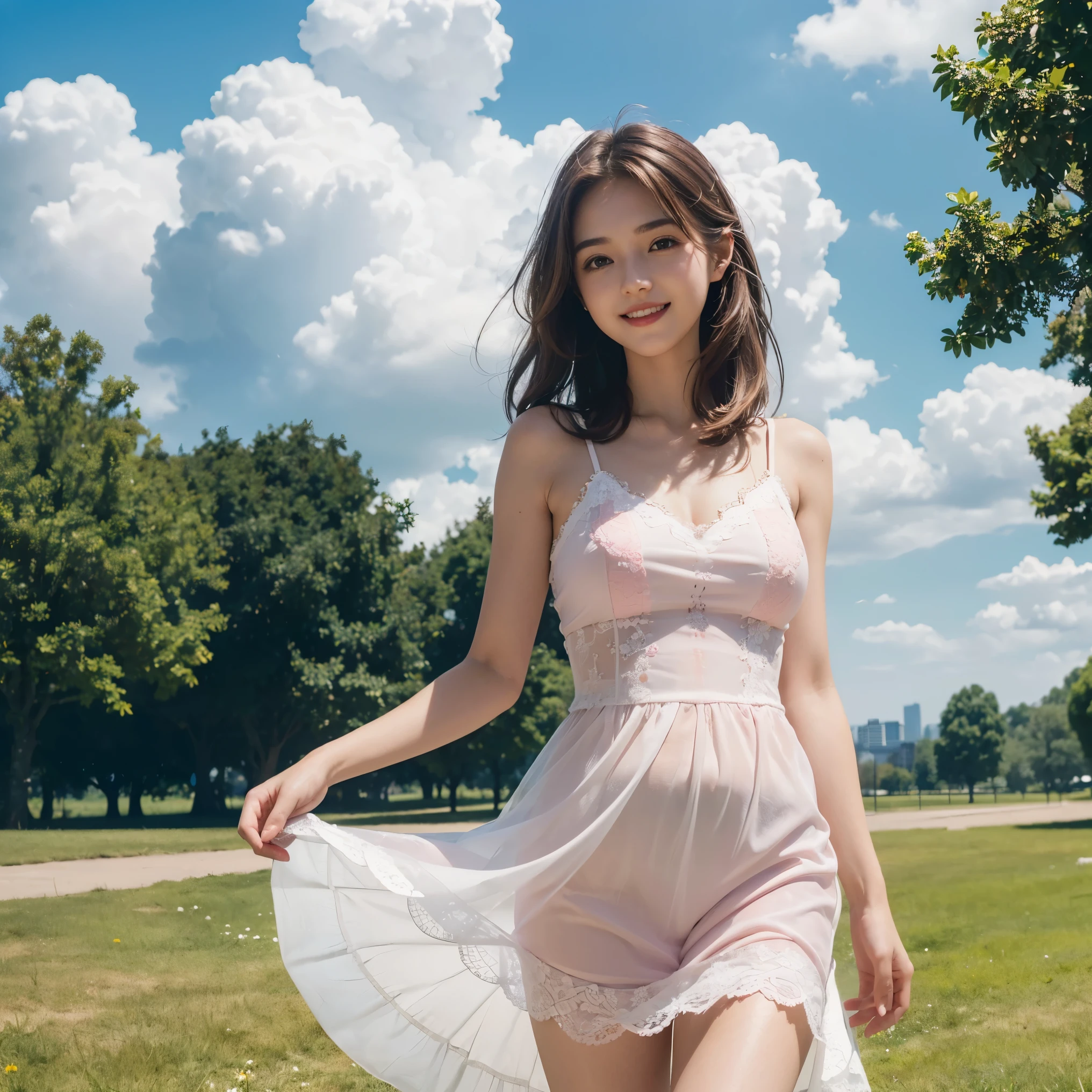High resolution, (Official art, Beautiful and aesthetic: 1.2), Close View, Vast world, girl, Running, Refreshing smile, (No panties), ((Ultra transparent long light pink dress)), Distant horizon, natural beauty, inspiration, light effect, The camera takes pictures up close, (NSFW: 1.5), english garden, various poses forward and backward