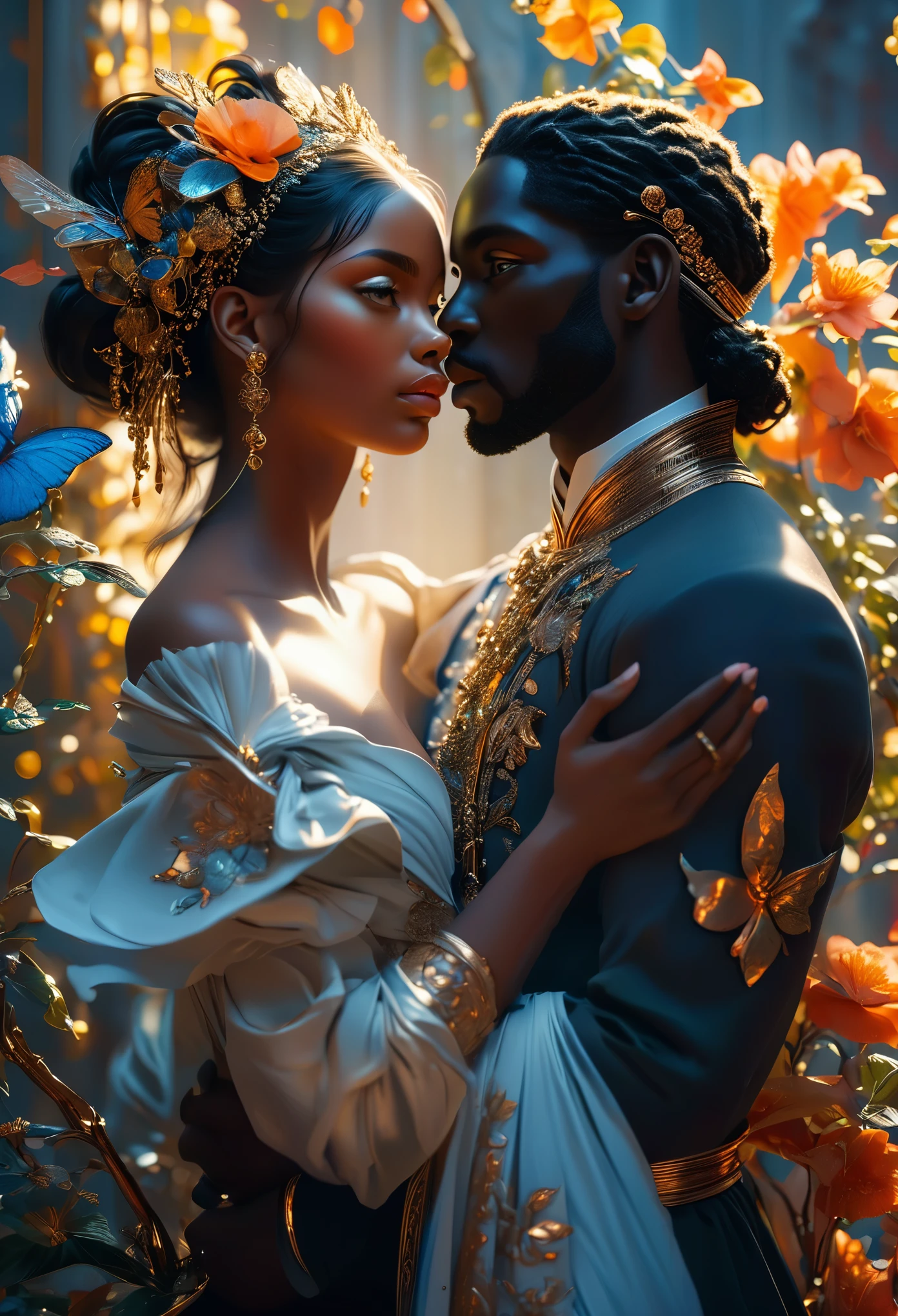 Romance in a heavenly palace, le titre est Soulmate, un couple (((darkskin))) in a heavenly court, une masgistrat céleste aux longs cheveux noirs qui tient un sceptre et un juge céleste aux longs cheveux qui tient un sceptre-lance, visage très fins, (((very beautiful))), visages parfait, corps entier, 8K, extremely detailed, (high quality,realistic,photorealistic:1.37), Full body, ideal proportions and defined complexion, meticulously crafted features, unreachable beauty, perfection, breathtaking elegance, g curves, goddess-like figures, divine symmetry, artistic masterpieces, vivid realism, hyper-detailed sculptures, life-like forms, truly awe-inspiring, impeccable craftsmanship, pure radiance, ethereal beauty, delicate contours, striking poses, sublime beauty, subtle nuances, dynamic compositions, vibrant colors, perfect lighting, soulful expressions, celestial aura, majestic presence, dreamlike atmosphere, unmatched gdetailed octane render trending on artstation, 8 k artistic photography, photorealistic concept art, soft natural volumetric cinematic perfect light, chiaroscuro, award - winning photograph, masterpiece, oil on canvas, raphael, caravaggio, greg rutkowski, beeple, beksinski, gigerrace and elegance, dazzling perfection, magnificent creations., by Jacob Lawrence and Francis picabia, perfect composition, beautiful detailed intricate insanely

