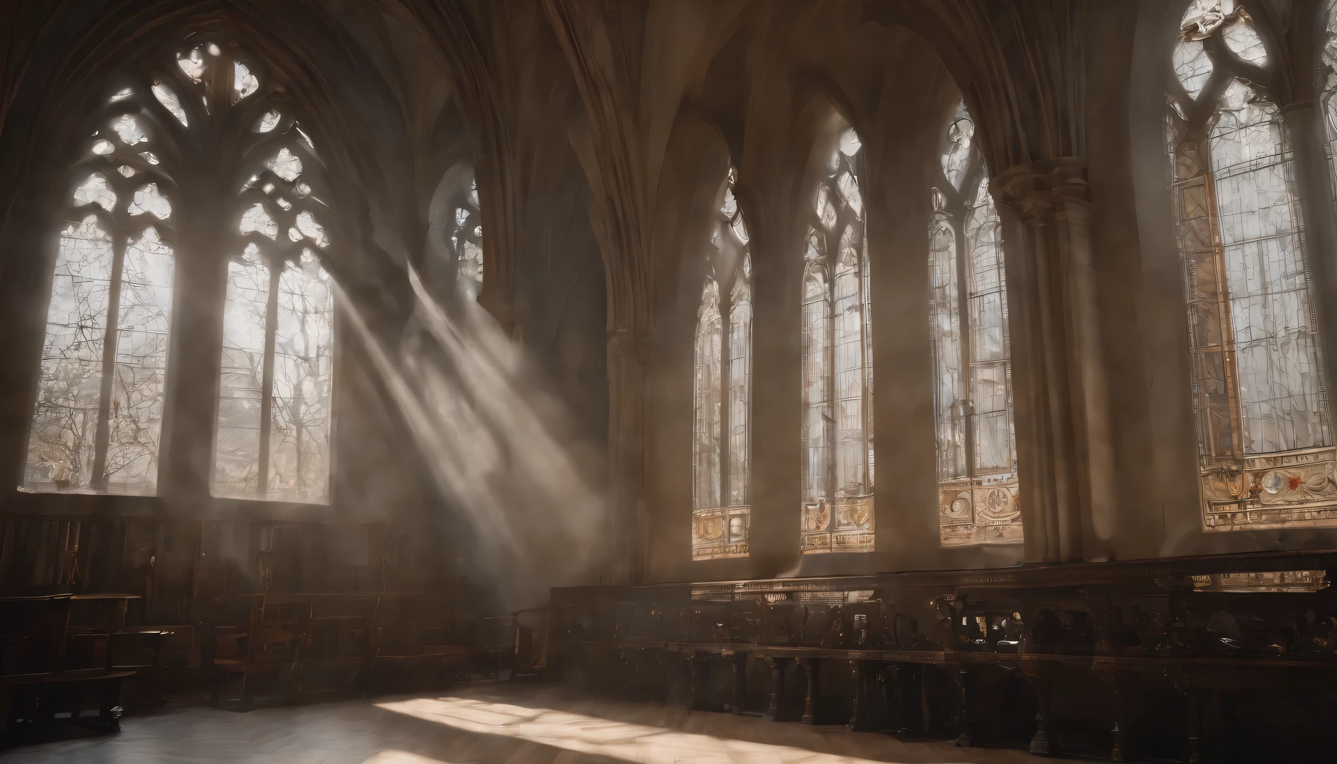 (Highly detailed CG Unity 8k wallpaper、masterpiece、highest quality、Super detailed)、(best lighting、best shadow、very delicate and beautiful)、highest quality、8k、Detailed facial depiction、masterpiece、highest quality、clear image quality、
A scene where the light shining through the Gothic style windows illuminates the hall.。