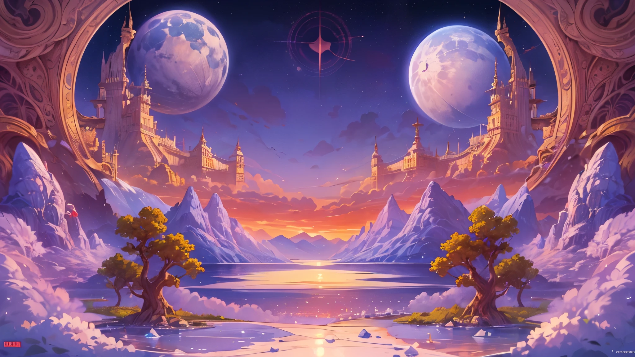 ((highest quality)),(ultra high resolution),(Super detailed),(detailed description),((best CG)),(best work of art),super precision art,amazing drawing art,(Fantasy art with precise details:1.5), Twin red and blue moons on the horizon