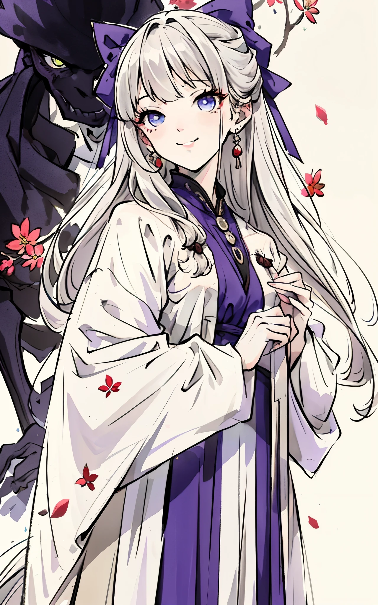 masterpiece, superb work, daytime, outdoor, fallen flowers, white dress, 1 girl, perfect woman, silver and white long hair woman, gray blue eyes, pale pink lips, cold, Serious, boom, purple eyes, White clothes, black clothing series, delicate face, delicate face, Stand and bow, tassel, happy knot, Smile