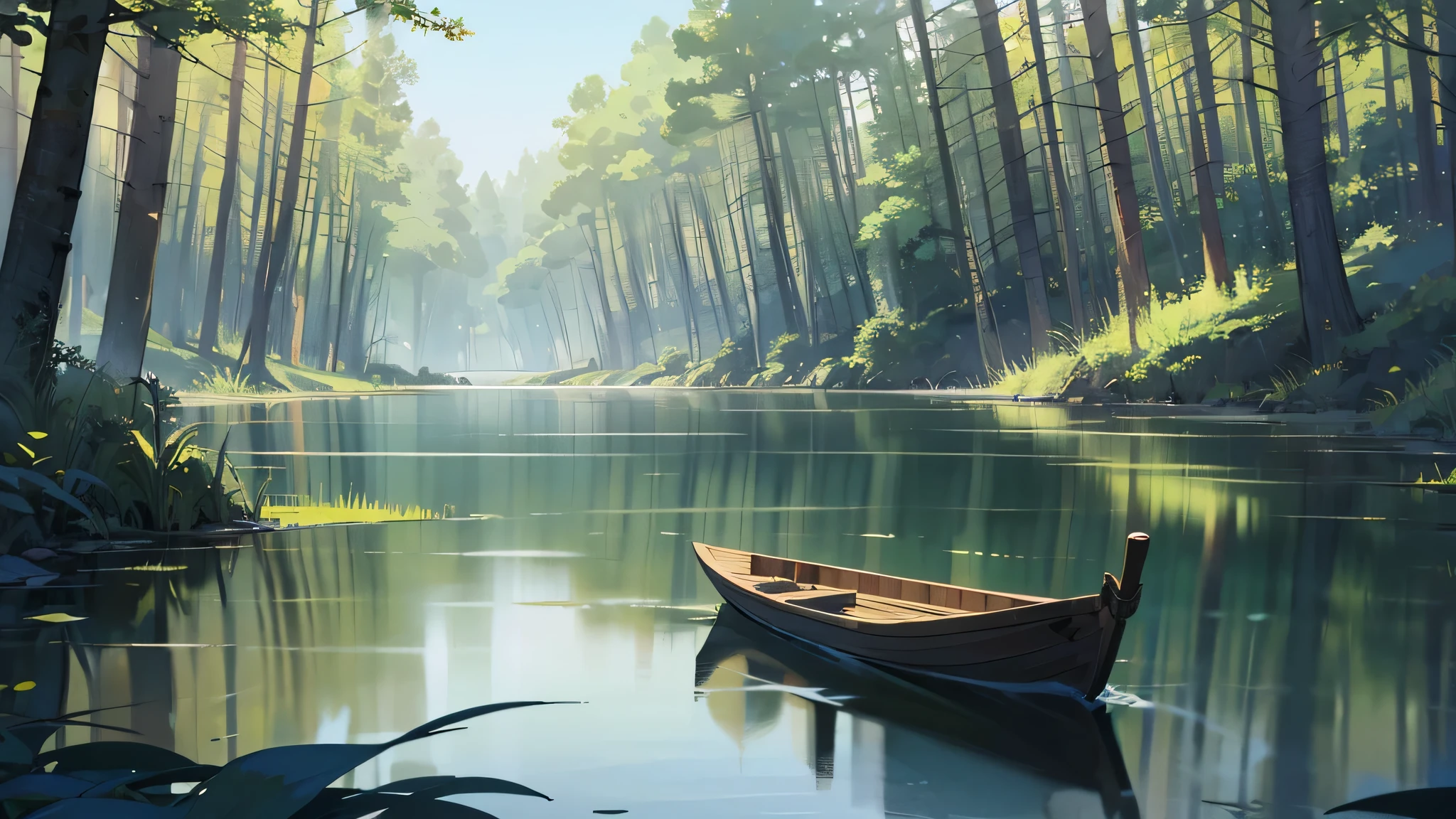 (table top), (highest quality), very detailed, 1 girl,,concentrated, perfect face, anime beautiful girl, very detailed顔,long gray hair,light blue eyes,night,sleeping on the boat,noon,forest,landscape