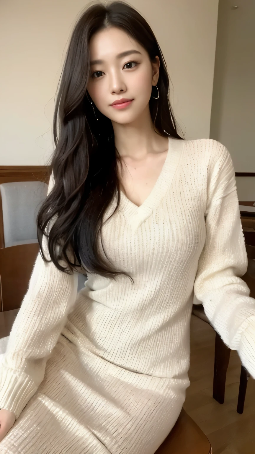 ((top-quality、8k、masterpiece:1.3))、Beautiful woman with perfect body:1.4、slim abdomen:1.2、Longhair, normal breast, Highly detailed facial and skin texture, A detailed eye, delicate eyes, double eyelid, (smile), (full body shot), ((restaurantl)), ((sitting on chair)), ((wearing white sweater suit dress)), looking in front