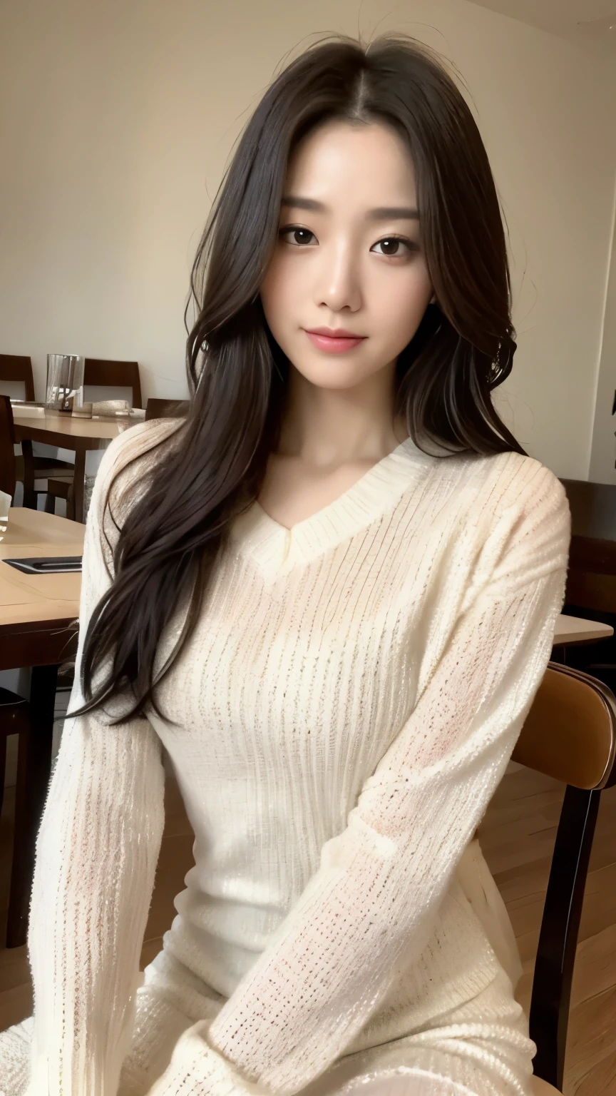 ((top-quality、8k、masterpiece:1.3))、Beautiful woman with perfect body:1.4、slim abdomen:1.2、Longhair, normal breast, Highly detailed facial and skin texture, A detailed eye, delicate eyes, double eyelid, (smile), (full body shot), ((restaurantl)), ((sitting on chair)), ((wearing white sweater suit dress)), looking in front