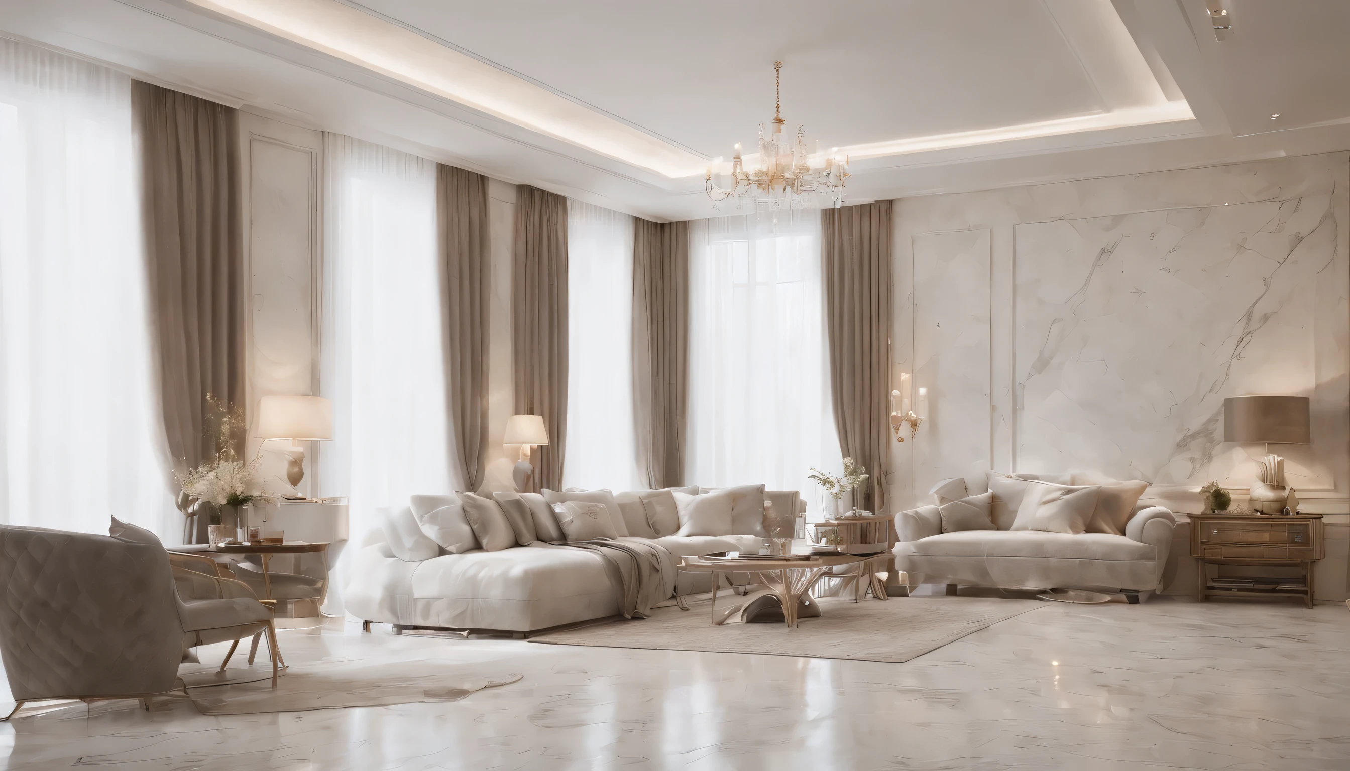 (Highly detailed CG Unity 8k wallpaper、masterpiece、highest quality、Super detailed)、(best lighting、best shadow、very delicate and beautiful)、highest quality、8k、Detailed facial depiction、masterpiece、highest quality、clear image quality、
A living room with marble floors and high ceilings。
