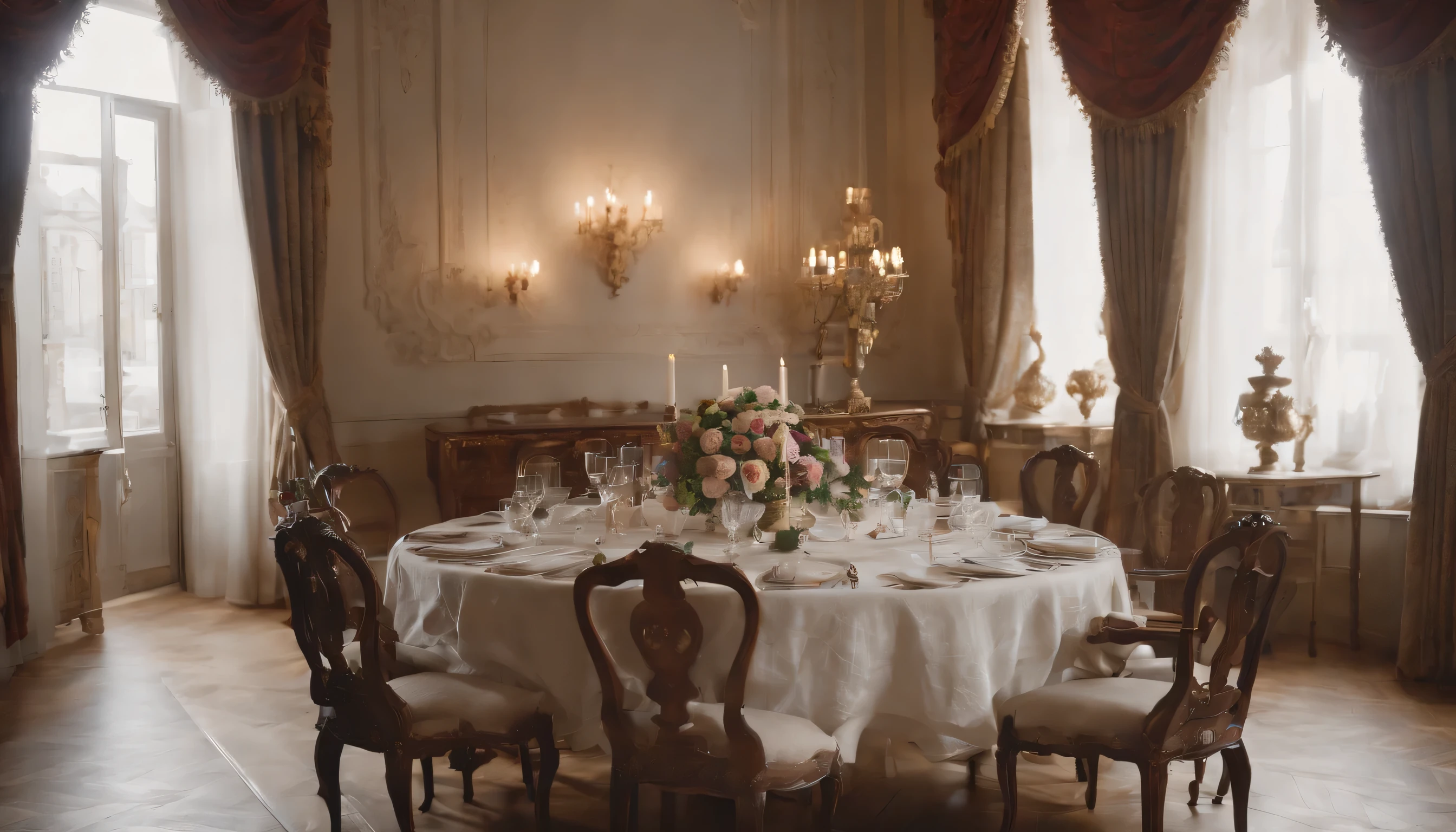 (Highly detailed CG Unity 8k wallpaper、masterpiece、highest quality、Super detailed)、(best lighting、best shadow、very delicate and beautiful)、highest quality、8k、Detailed facial depiction、masterpiece、highest quality、clear image quality、
View of the dining room with baroque furniture。