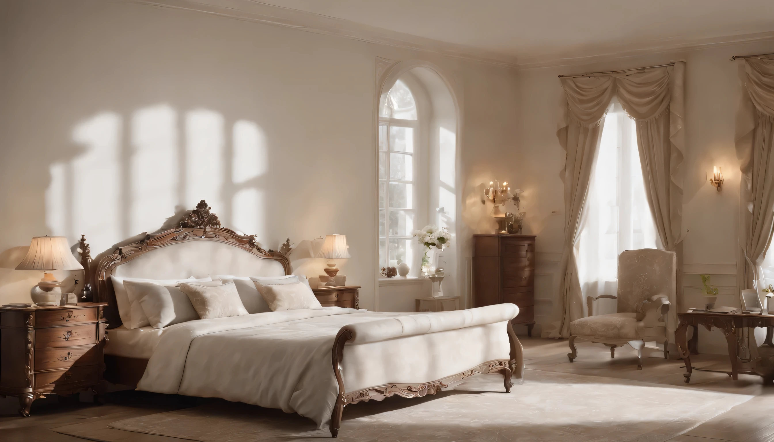 (Highly detailed CG Unity 8k wallpaper、masterpiece、highest quality、Super detailed)、(best lighting、best shadow、very delicate and beautiful)、highest quality、8k、Detailed facial depiction、masterpiece、highest quality、clear image quality、
View of the guest room with richly carved wooden furniture。