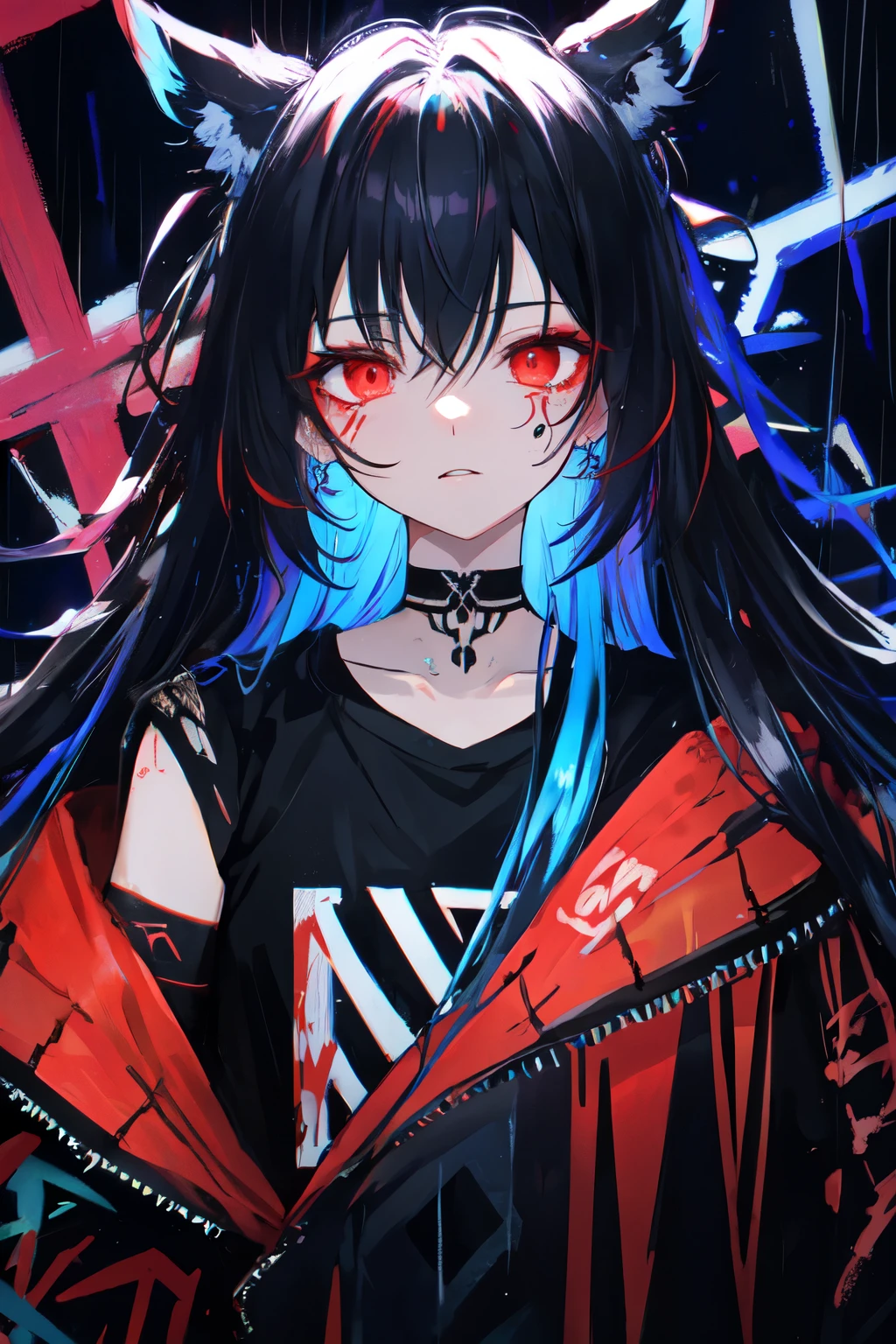 highest quality, intricate details, chromatic aberration,
1 girl, long hair, black hair, messy hair, red highlights, hair above one eye, red eyes, clear eyes, twin tail choker, Ne,Band T-shirt Torn Legwear, open jacket,
towards the wall, rain, graffiti, shineing grafiti, shineing tattoos, shine, Neオンライト,
Black light,