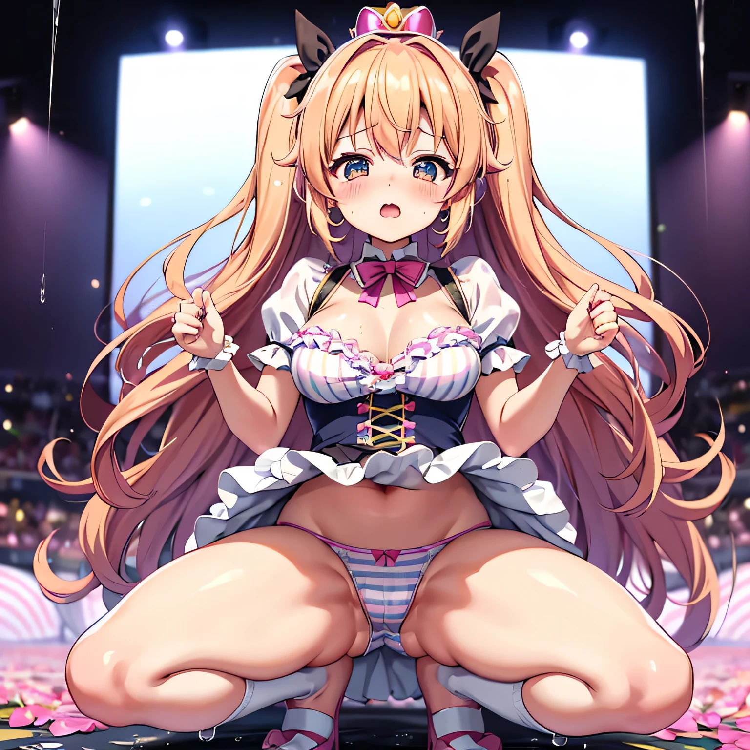 idol costume、frills、ribbon、y short sleeves、little princess pichi,huge breang girl,small 、squat with legs apart、striped panties、strderwear,Please open the white love juice on your thighs.、Drip a large amount of love juice、blush、embarrassed look、colorful costumes、large amount of liquid leaky panties get wet、Pare transparent