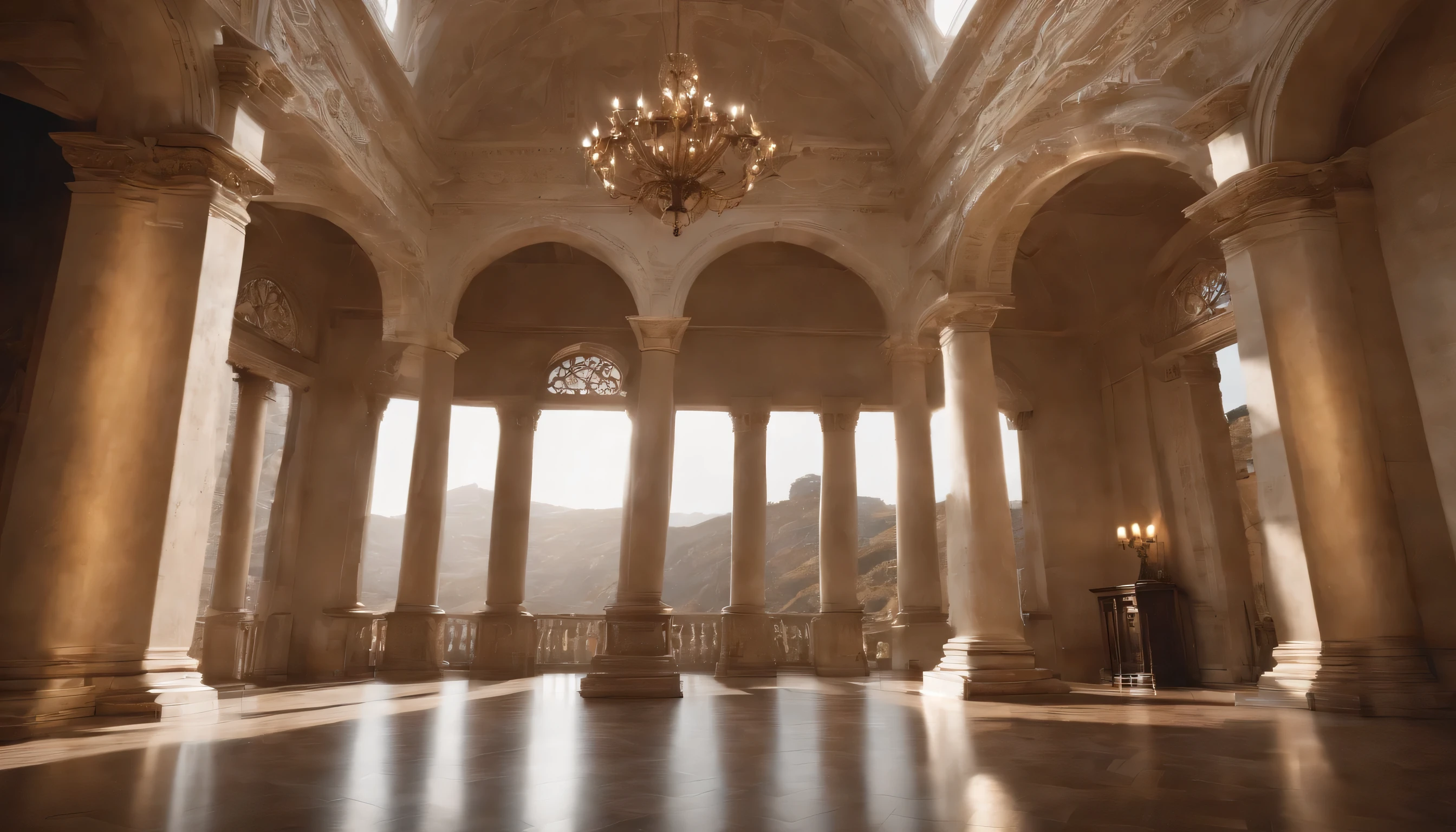 (Highly detailed CG Unity 8k wallpaper、masterpiece、highest quality、Super detailed)、(best lighting、best shadow、very delicate and beautiful)、highest quality、8k、Detailed facial depiction、masterpiece、highest quality、clear image quality、
Scenery of a large hall with Gothic columns。