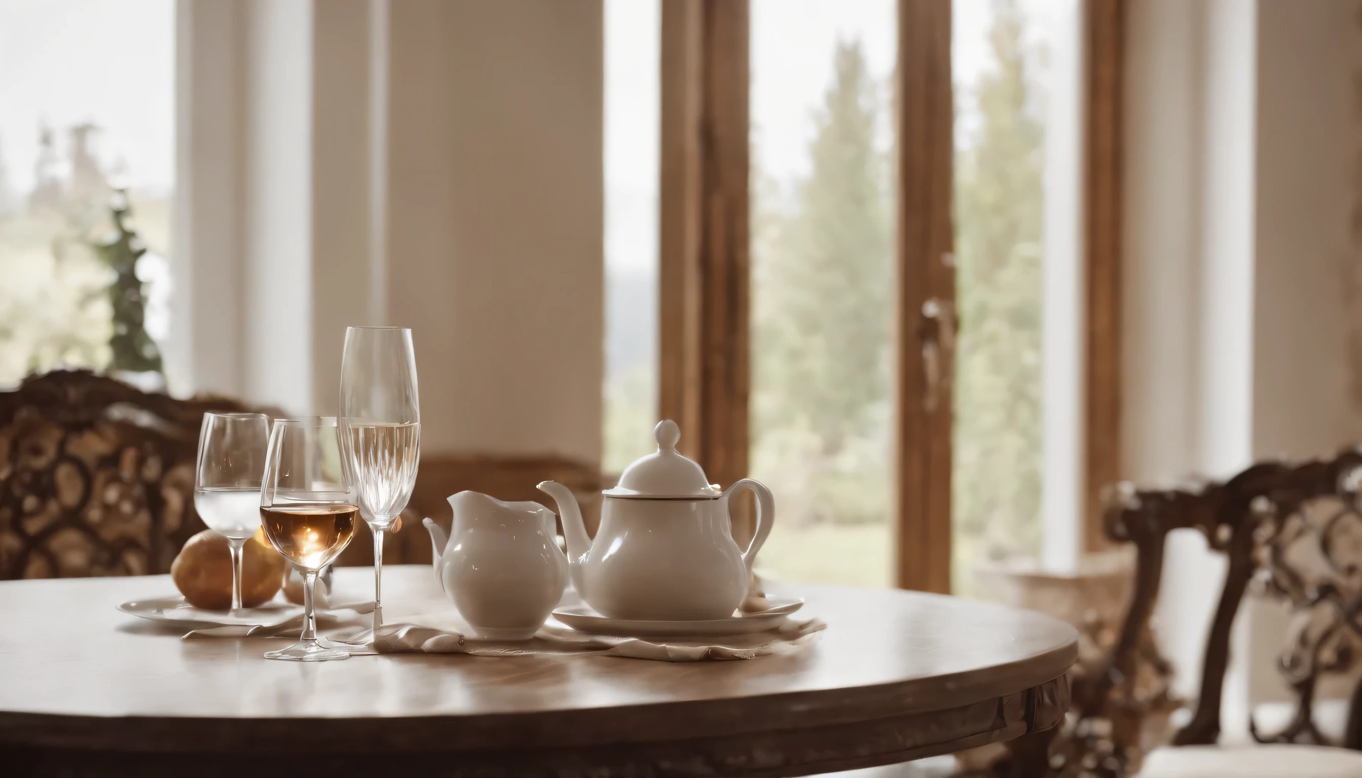 (a CG Unity 8K wallpaper with extremely detailed, masterpiece, best quality, ultra-detailed:1.2), (best lighting, best shadows, extremely delicate and beautiful), best quality, 8k, detailed facial depiction, masterpiece, best quality, sharp image, a dining room landscape with shining silver tableware