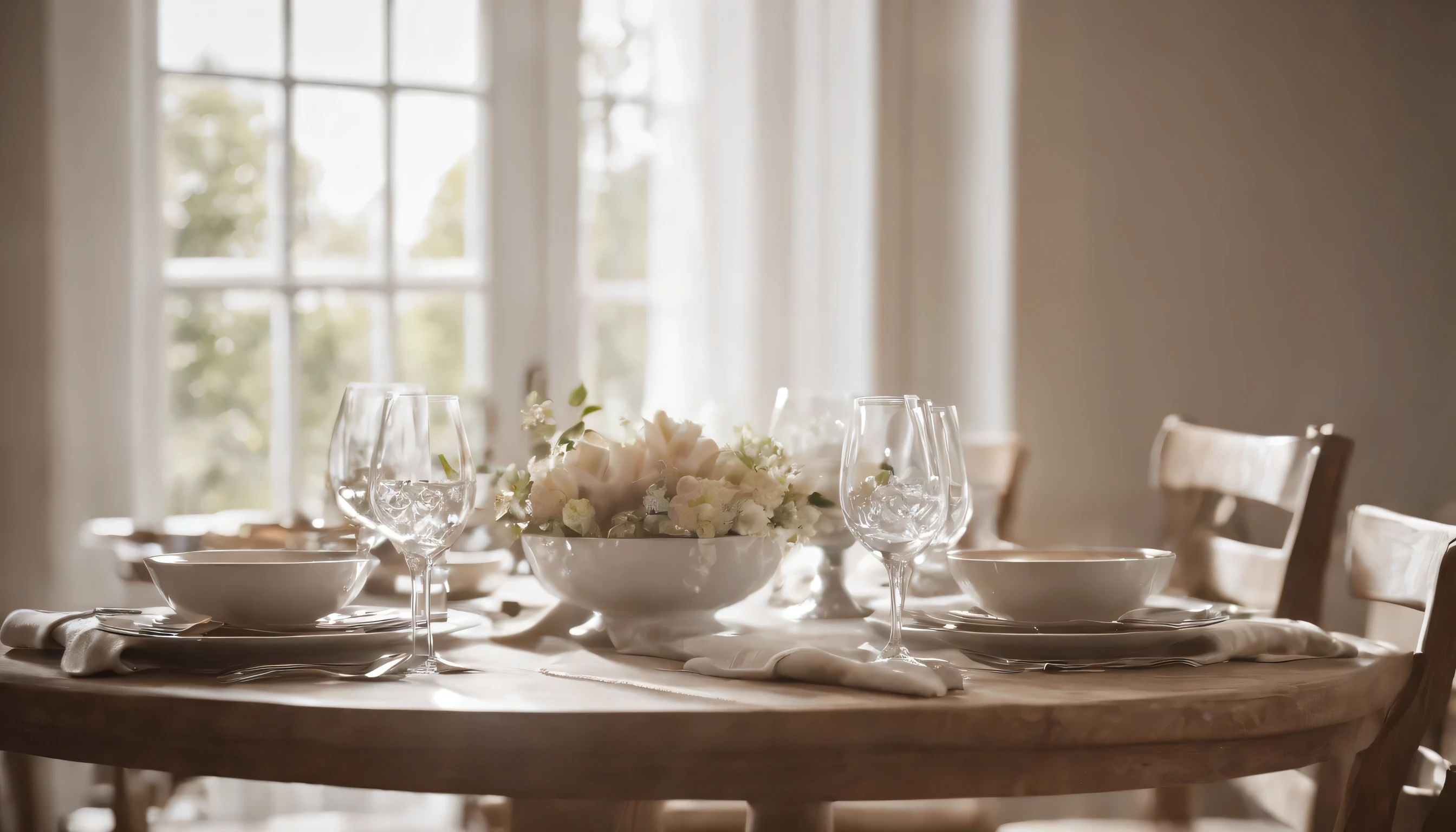 (a CG Unity 8K wallpaper with extremely detailed, masterpiece, best quality, ultra-detailed:1.2), (best lighting, best shadows, extremely delicate and beautiful), best quality, 8k, detailed facial depiction, masterpiece, best quality, sharp image, a dining room landscape with shining silver tableware