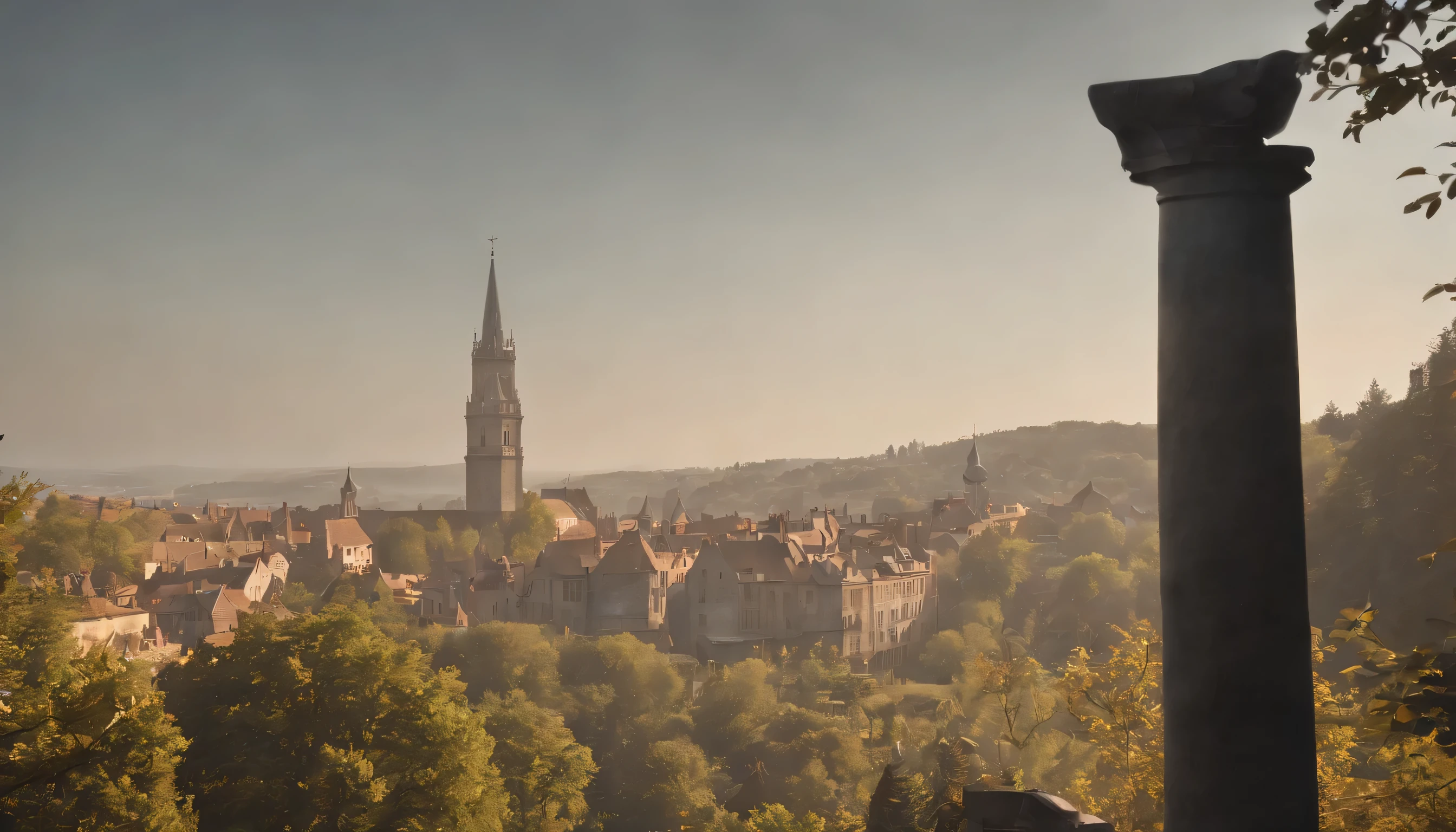 (Highly detailed CG Unity 8k wallpaper、masterpiece、highest quality、Super detailed)、(best lighting、best shadow、very delicate and beautiful)、highest quality、8k、Detailed facial depiction、masterpiece、highest quality、clear image quality、
Landscape view from the tower room with an old clock。