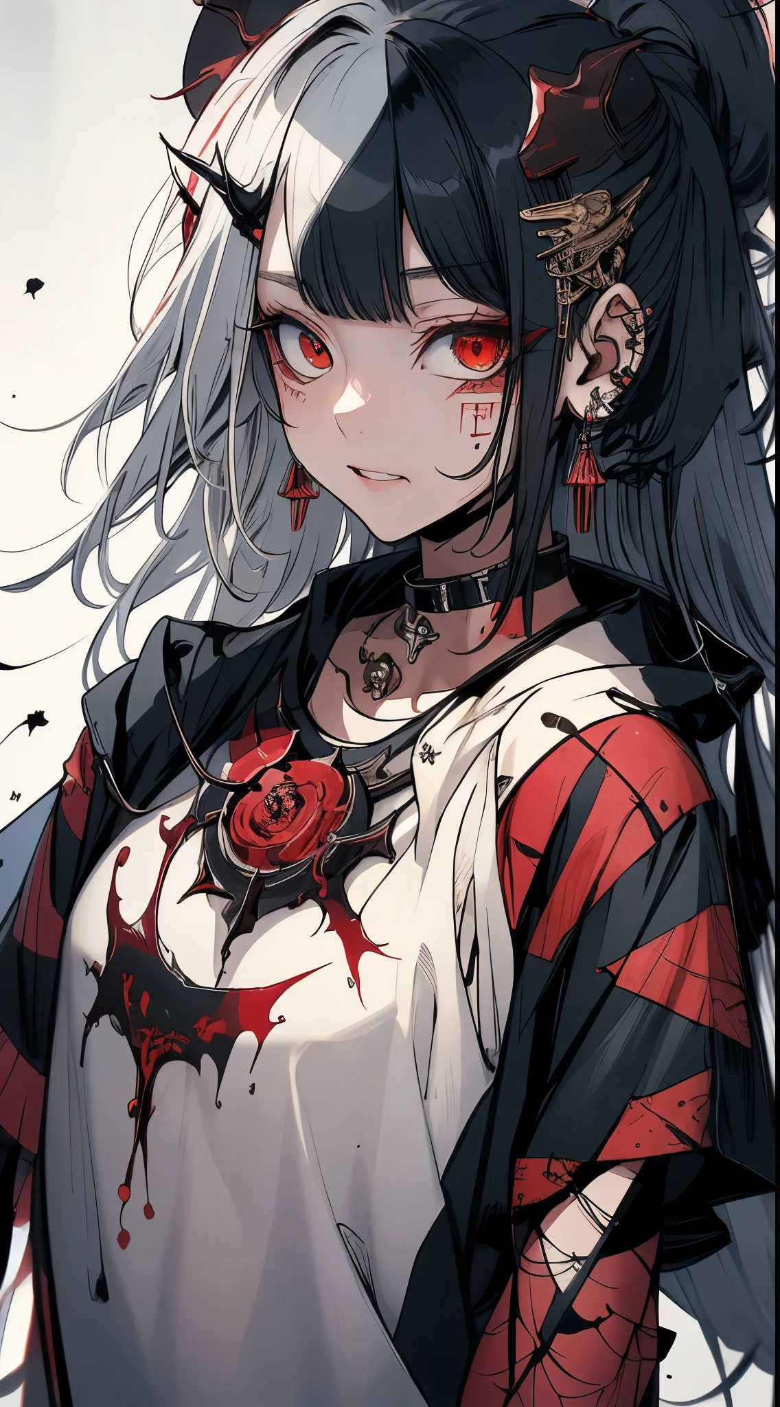 (masterpiece), (best quality), masterpiece, best quality, upper body, horns, looking at viewer, expressionless, white background, long hair, (red theme), ((sketch, jagged line)), silver hair, red eyes, (illustration), nakiri ayame, black raincoat, grin, gold jewelry, petals,b、