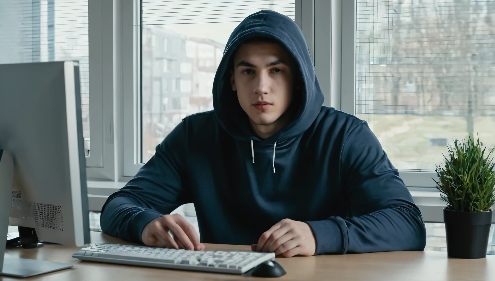 The young man in a hoodie sitting at a desk with a computer, sitting at a desk, window behind him, looking front, his desk front of the camera, man looking front, man talking to camera, hands on the desk, hands over the keyboard, front view with big transparent window behind him. hands down