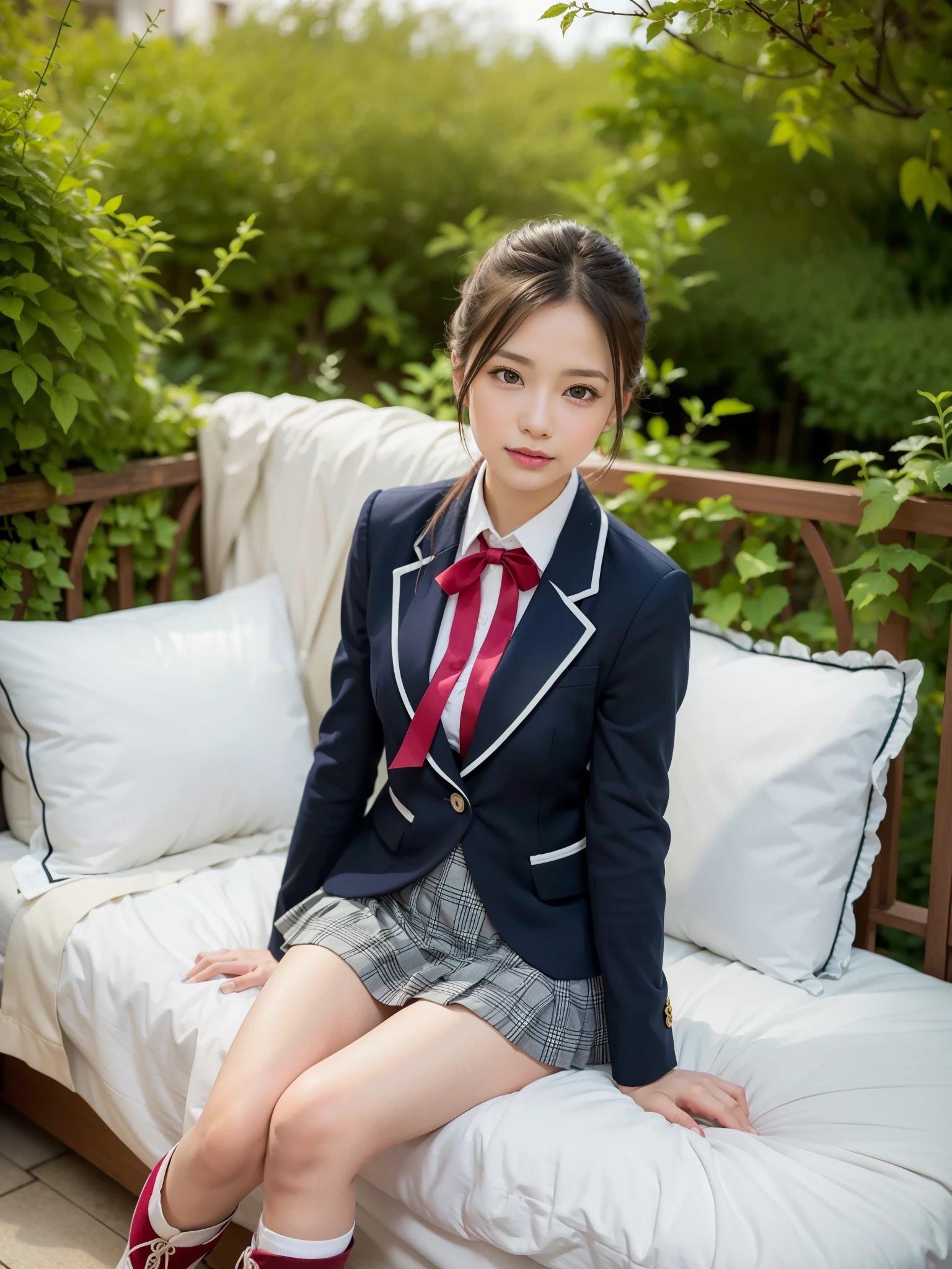 ((Best of the highest quality, 8k, Masterpiece: 1.3, raw photo)), Sharp focus: 1.2, (1 AESPA girl: 1.1), (Solo: 1.18), (realistic, photo-realistic:1.37), face focus, cute face, finely eyes, (Small breasts, flat chest, Thigh: 1.3), (wearing blazer school uniform dress:1.32), (multilayer-skirt), ((ribbon, frills):1.38), (thigh boots:1.2), short messy hair, updo, (sitting on bed, garden: 1.32)
