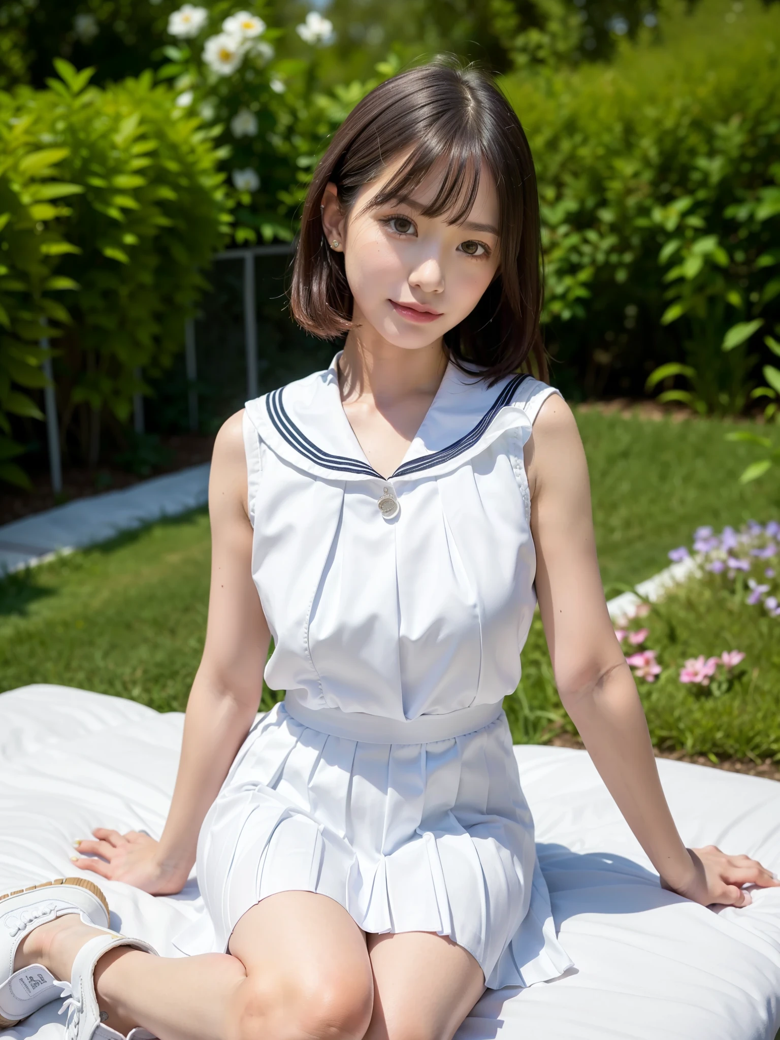 ((Best of the highest quality, 8k, Masterpiece: 1.3, raw photo)), Sharp focus: 1.2, (1 AESPA girl: 1.1), (Solo: 1.18), (realistic, photo-realistic:1.37), face focus, cute face, finely eyes, (Small breasts, flat chest, Thigh: 1.3), (sailor collar, dress, sailor dress, armpits, sleeveless, white skirt, pleated dress, pleated skirt, white footwear: 1.38), short messy hair, (sitting on bed, garden: 1.32)