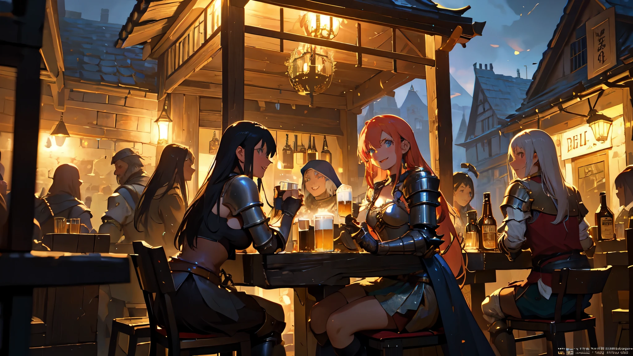 A group of female medieval fantasy adventurers, (in tavern), various hair styles, harem, night, details face, short skirt, seducing, sleeveless, armor