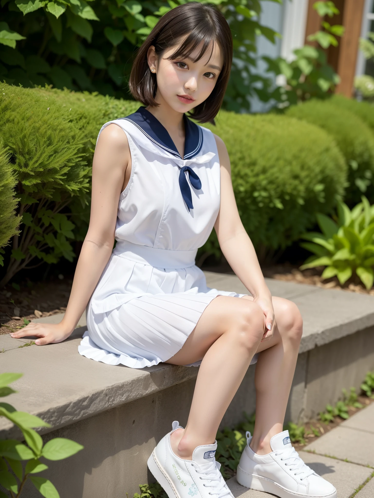 ((Best of the highest quality, 8k, Masterpiece: 1.3, raw photo)), Sharp focus: 1.2, (1 AESPA girl: 1.1), (Solo: 1.18), (realistic, photo-realistic:1.37), face focus, cute face, finely eyes, (Small breasts, flat chest, Thigh: 1.3), (sailor collar, dress, sailor dress, armpits, sleeveless, white skirt, pleated dress, pleated skirt, white footwear: 1.38), short messy hair, updo, (sitting on bed, garden: 1.32)