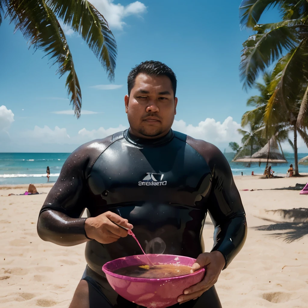 illusory photography of a tall handsome fat Indonesian man wearing a wetsuit while soaking in a very large bowl containing a refreshing pink fruit iced drink, closing his eyes, on the beach sand, busy beach background. realistic, High Contrast, highly detailed, UHD, photo realistic 32k, HDR, high octane.