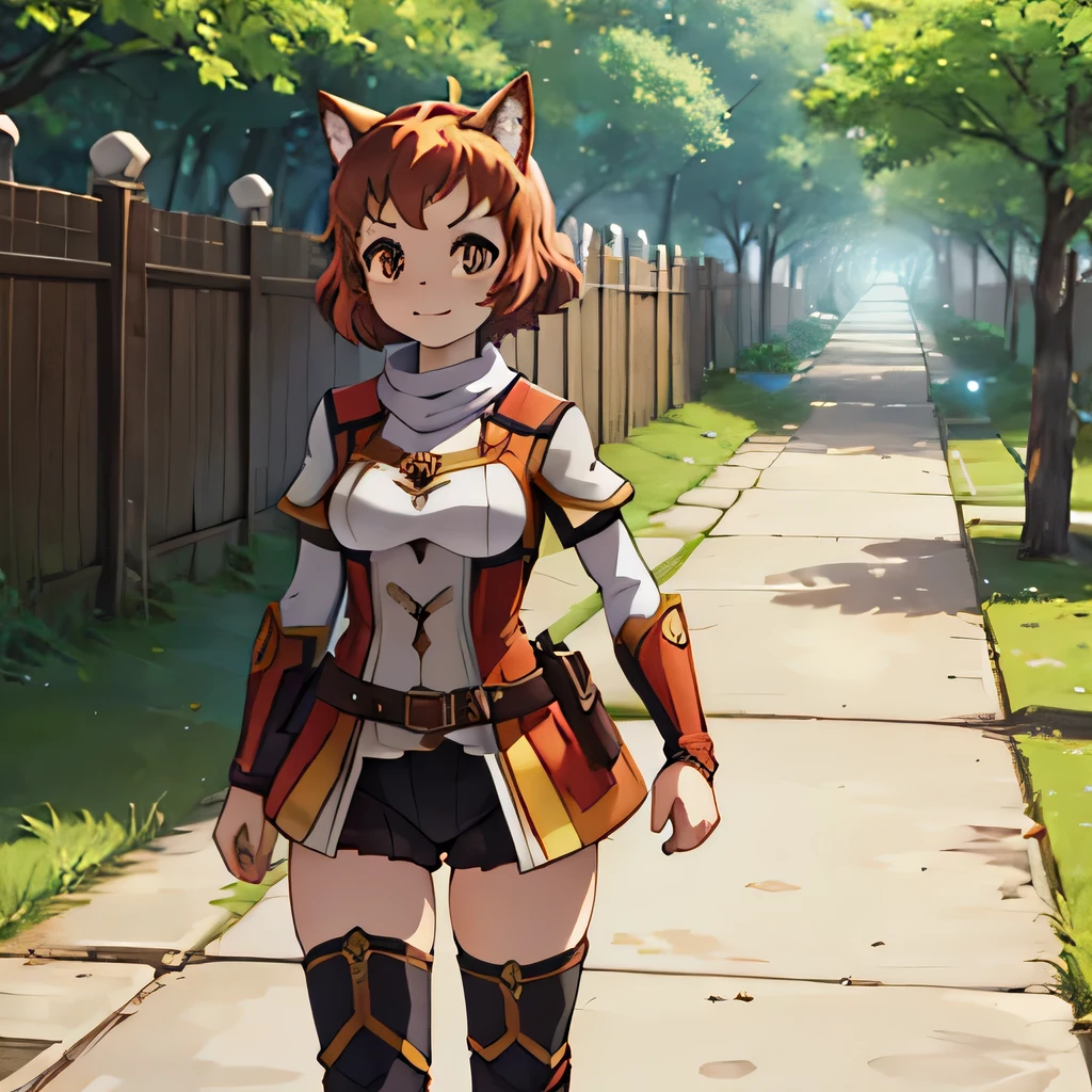 kemono, cat, fighter, battle staff, short hair, happy, auburn hair, fantasy, adventurer clothes, looking at viewer, female, teenager, large eyes