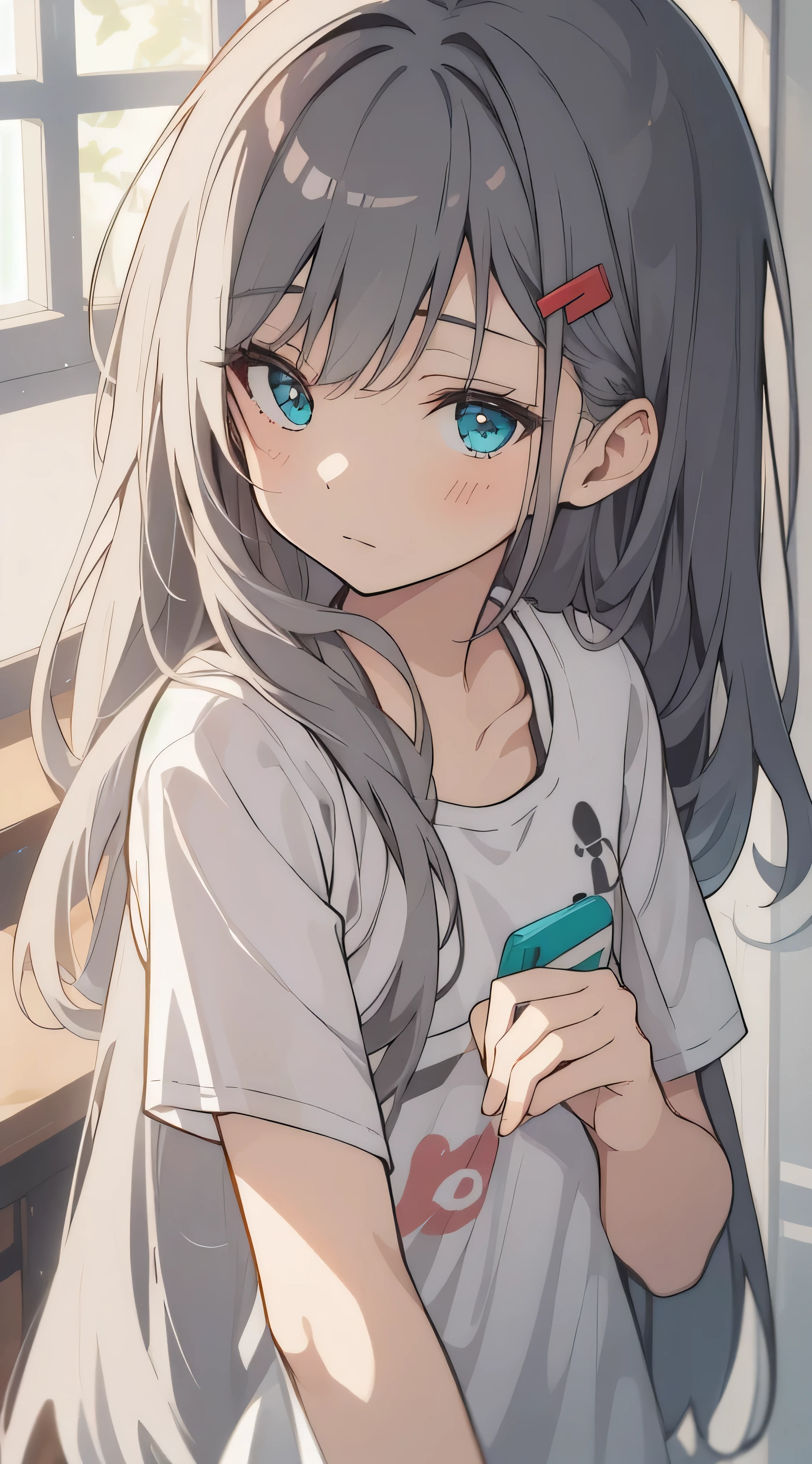 art by Cornflower, dready (A  girl with beautiful detailed eyes, long hair, grey hair, aqua eyes). (Young girl , cute girl). White T - shirt. black hair Clip.The depth of field in the photo is perfect and the lens flare adds a nice touch. The fine details on her face really stand out, score because of this photo Definitely greater than 10. 