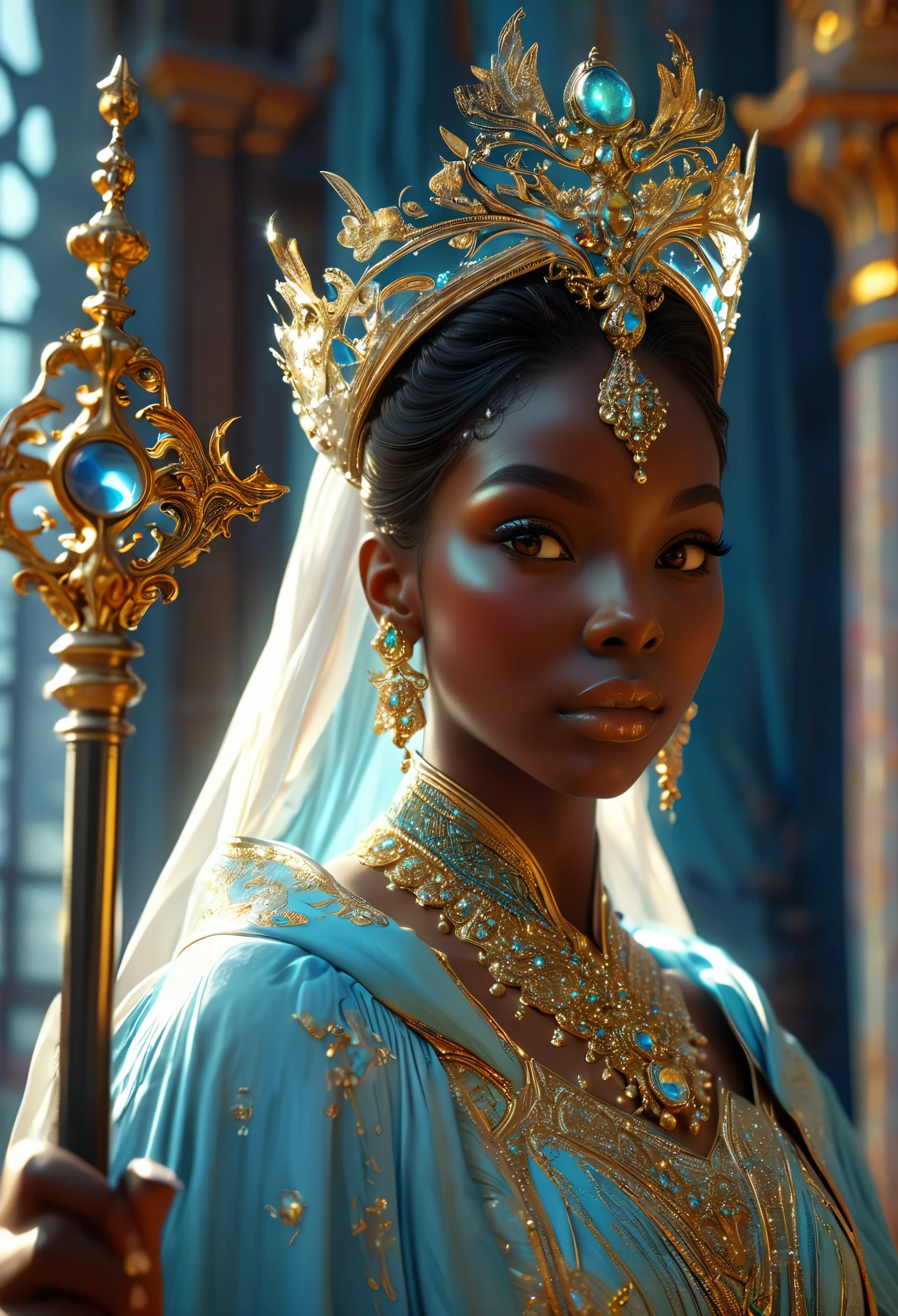 Romance in a heavenly palace, le titre est Soulmate, un couple (((darkskin))) in a heavenly court, a celestial magistrate who holds a scepter and a celestial judge who holds a spear-scepter, visage très fins, (((very beautiful))), visages parfait, corps entier, 8K, extremely detailed, (high quality,realistic,photorealistic:1.37), Full body, ideal proportions and defined complexion, meticulously crafted features, unreachable beauty, perfection, breathtaking elegance, divine symmetry, artistic masterpieces, vivid realism, hyper-detailed sculptures, life-like forms, truly awe-inspiring, impeccable craftsmanship, pure radiance, ethereal beauty, delicate contours, striking poses, sublime beauty, subtle nuances, dynamic compositions, vibrant colors, perfect lighting, soulful expressions, celestial aura, majestic presence, dreamlike atmosphere, unmatched gdetailed octane render trending on artstation, 8 k artistic photography, photorealistic concept art, soft natural volumetric cinematic perfect light, chiaroscuro, award - winning photograph, masterpiece, oil on canvas, perfect composition, beautiful detailed intricate insanely