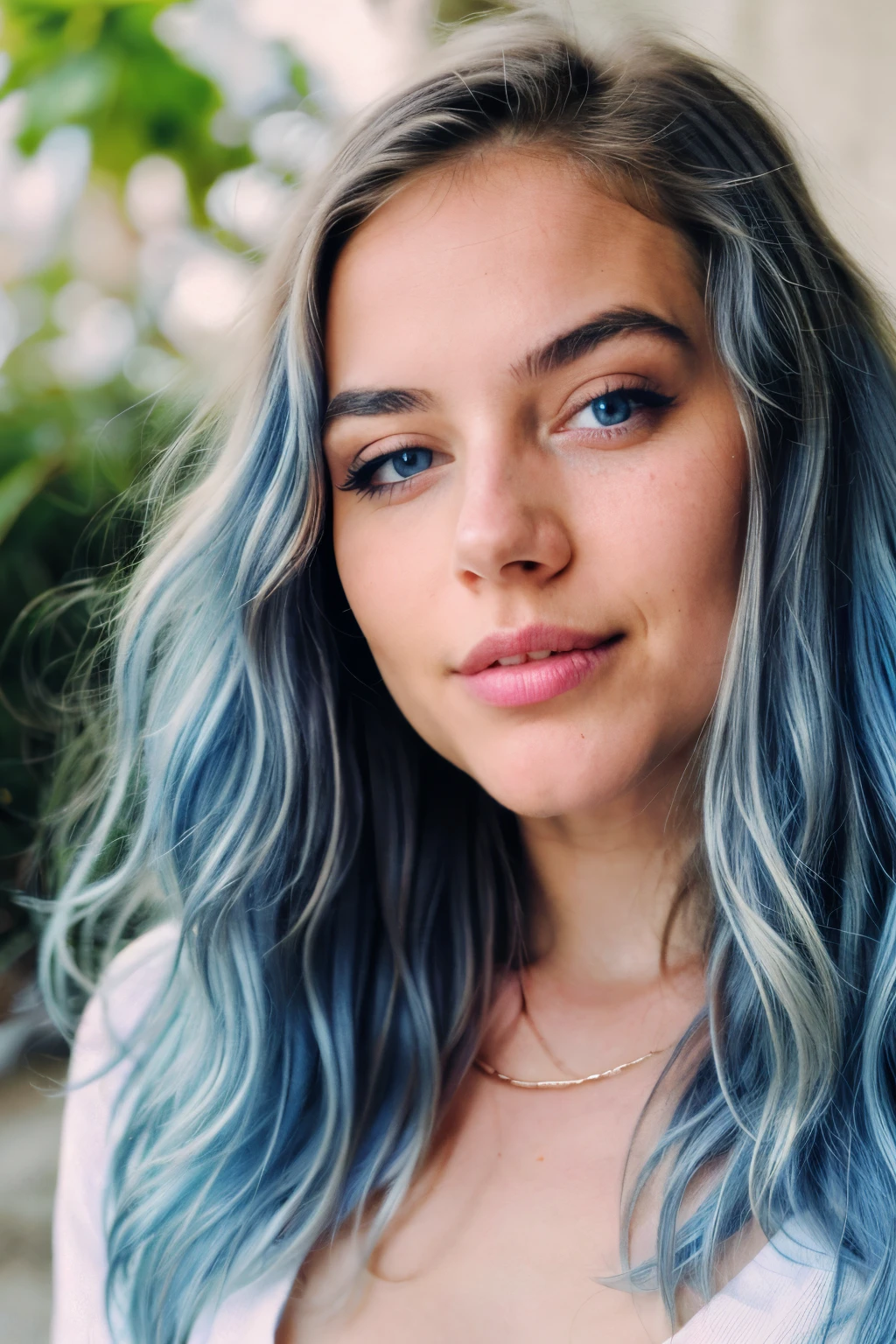 Beautiful young girl, Close-up face portrait, straight into the camera, front view, face only, (blue hair), (19, Innocent face), ((Natural long wavy hair)), ((blue eyes)), perfect skin, cute face, wrinkle-free, picture in RAW-Format, (best quality), (masterpiece), detailed, (beautiful Latina), Long wavy hair, Erstellen Sie ein atemberaubendes diffuses Bild. Instagram-Influencer, Influencer, happy
