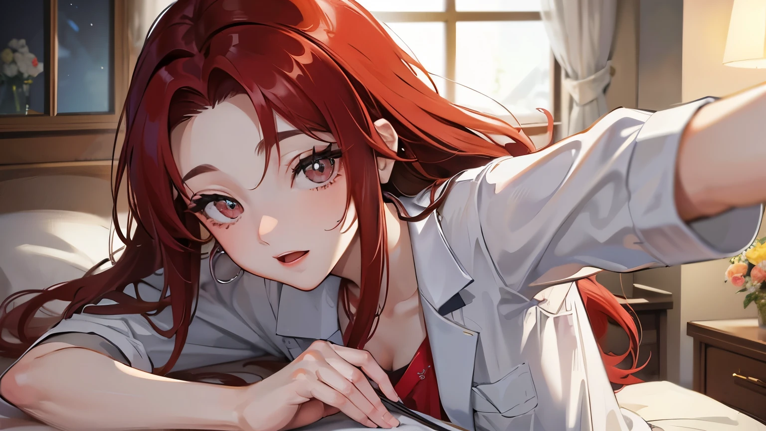 red long hair, masterpiece work, best quality, high resolution;,Improved detail,best quality,Perfect image quality,beautiful and sexy, first person view, small spots under the eyes , pretty, 큰 chest, 8K, ,chest 크게, pure white skin, chest, Beloved, excitement, beautiful, My heart is pounding, red hair, glamour, tempting, , girl friend, Gray-eyed pupils, doctor 가운, white gown, black skirt , tempting, doctor, health teacher, patient bed, Hospital bed, indoor room, Infirmary, Infirmary