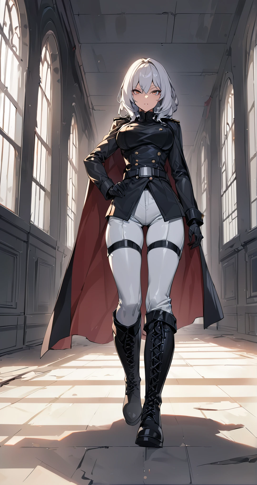 Mature female,adult,milf, ((solo)),(1girl),standing, full body, authority, leather outfit, dominant, (muscular:0.8), long sleeves, black gloves, double-breasted, (black knee-high combat boots:1.4), (white pants:1.2), slim, devious, seductive, evil, confident,belt, cape, standing, bedroom, military uniform, looking at viewer, from below,clean floor,empty room,large windows,guard,warden,queen,commander, (smirk:0.33),tall,