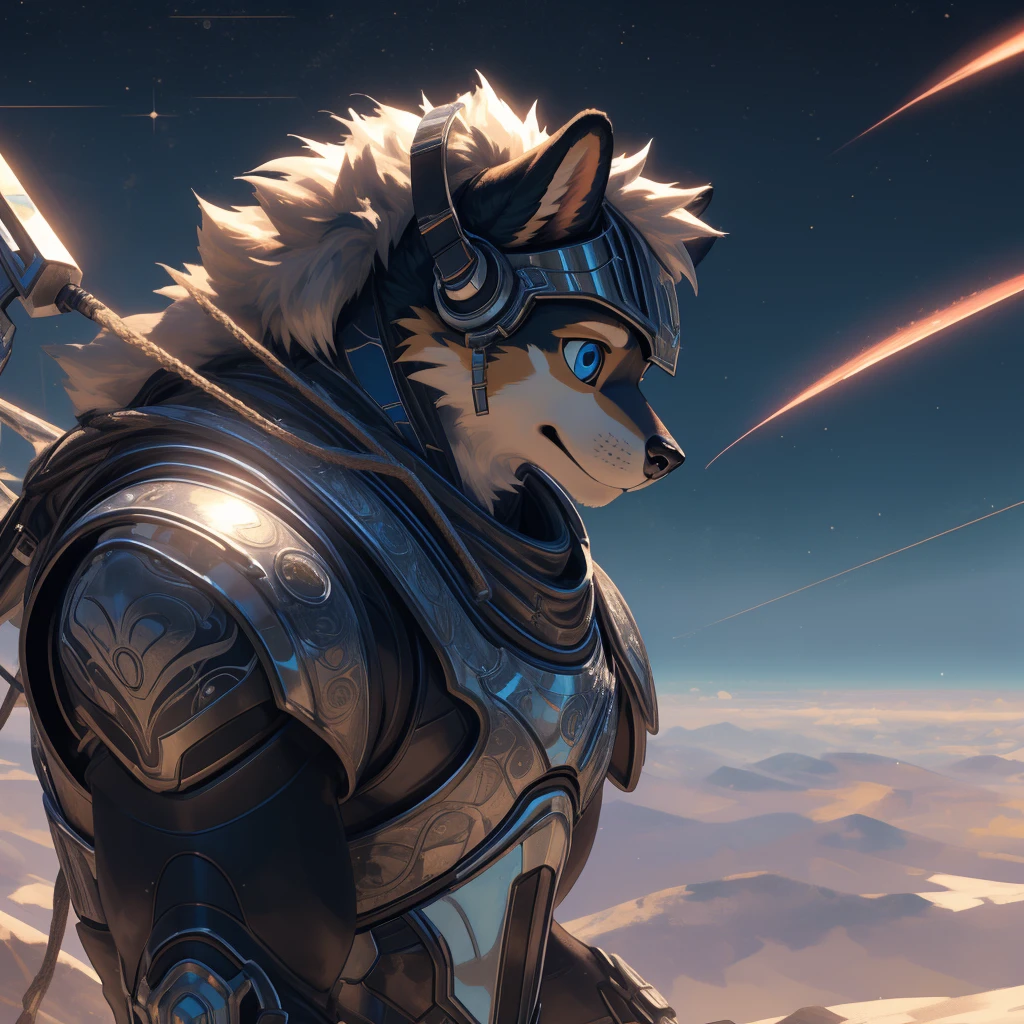 Ultra-realistic artwork, depicting an endearing Pomeranian puppy donning futuristic ninja armor, ready to commence an exhilarating escapade. His fur, intricately detailed and flawlessly rendered, stands out against the sleek, metallic surface of his armor. With a playful yet determined expression on his delicate, expressive face, his large, bright eyes, brimming with curiosity, gleam with enthusiasm. The armor itself, a masterpiece of high-tech design, features intricate detailing and a high level of realism, from the shimmering lens flare on his helmet to the subtle texture of the metal. Set against a backdrop of a ser