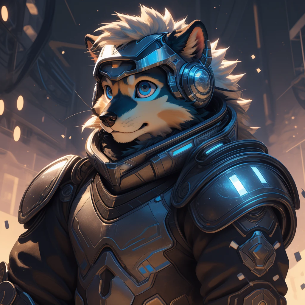 Ultra-realistic artwork, depicting an endearing Pomeranian puppy donning futuristic ninja armor, ready to commence an exhilarating escapade. His fur, intricately detailed and flawlessly rendered, stands out against the sleek, metallic surface of his armor. With a playful yet determined expression on his delicate, expressive face, his large, bright eyes, brimming with curiosity, gleam with enthusiasm. The armor itself, a masterpiece of high-tech design, features intricate detailing and a high level of realism, from the shimmering lens flare on his helmet to the subtle texture of the metal. Set against a backdrop of a ser