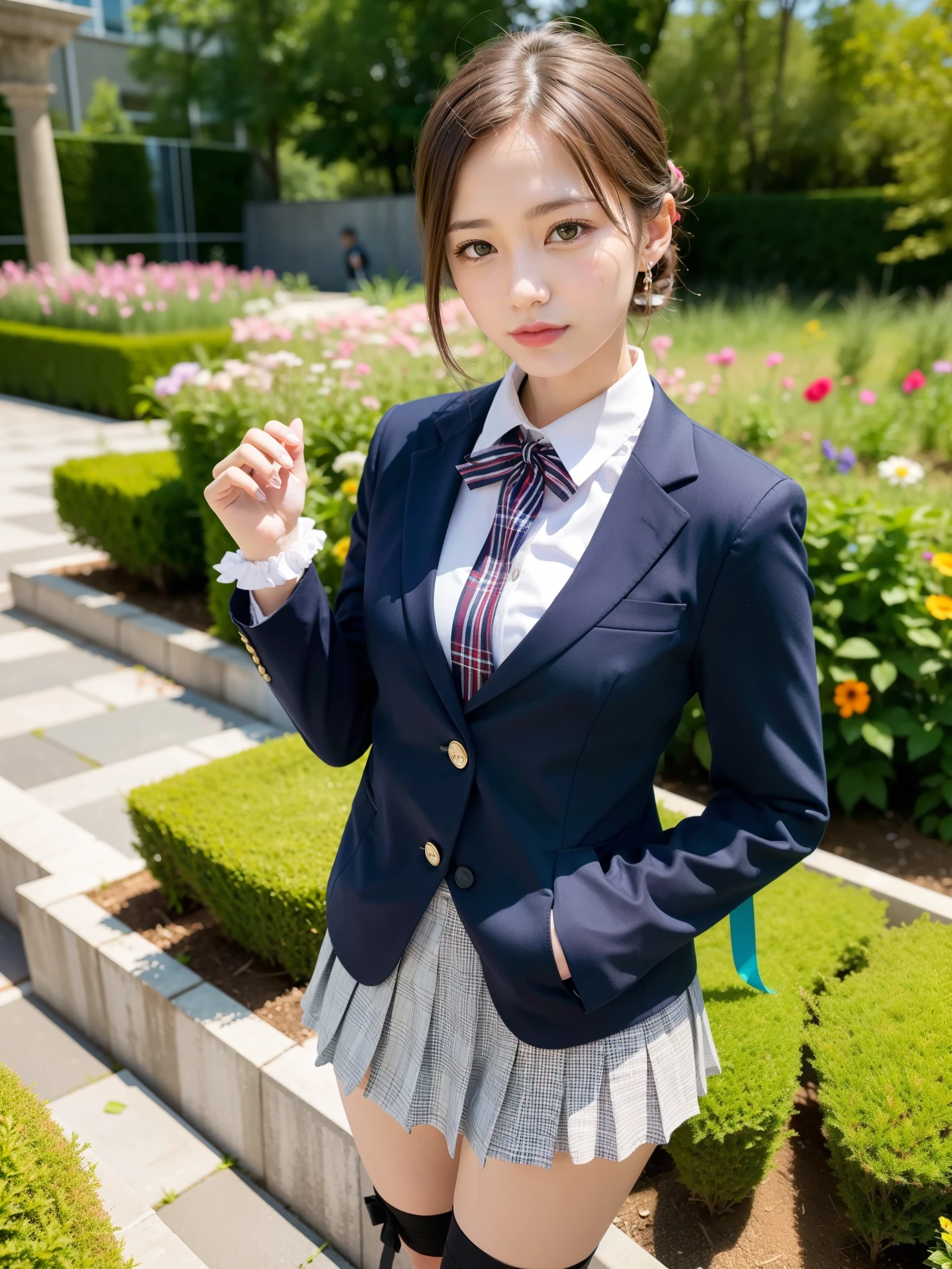 ((Best of the highest quality, 8k, Masterpiece: 1.3, raw photo)), Sharp focus: 1.2, (1 AESPA girl: 1.1), (Solo: 1.18), (realistic, photo-realistic:1.37), face focus, cute face, finely eyes, (Small breasts, flat chest, Thigh: 1.3), (wearing blazer school uniform dress:1.32), (multilayer-skirt), ((ribbon, frills):1.38), (thigh boots:1.2), short messy hair, updo, (standing, garden: 1.32)