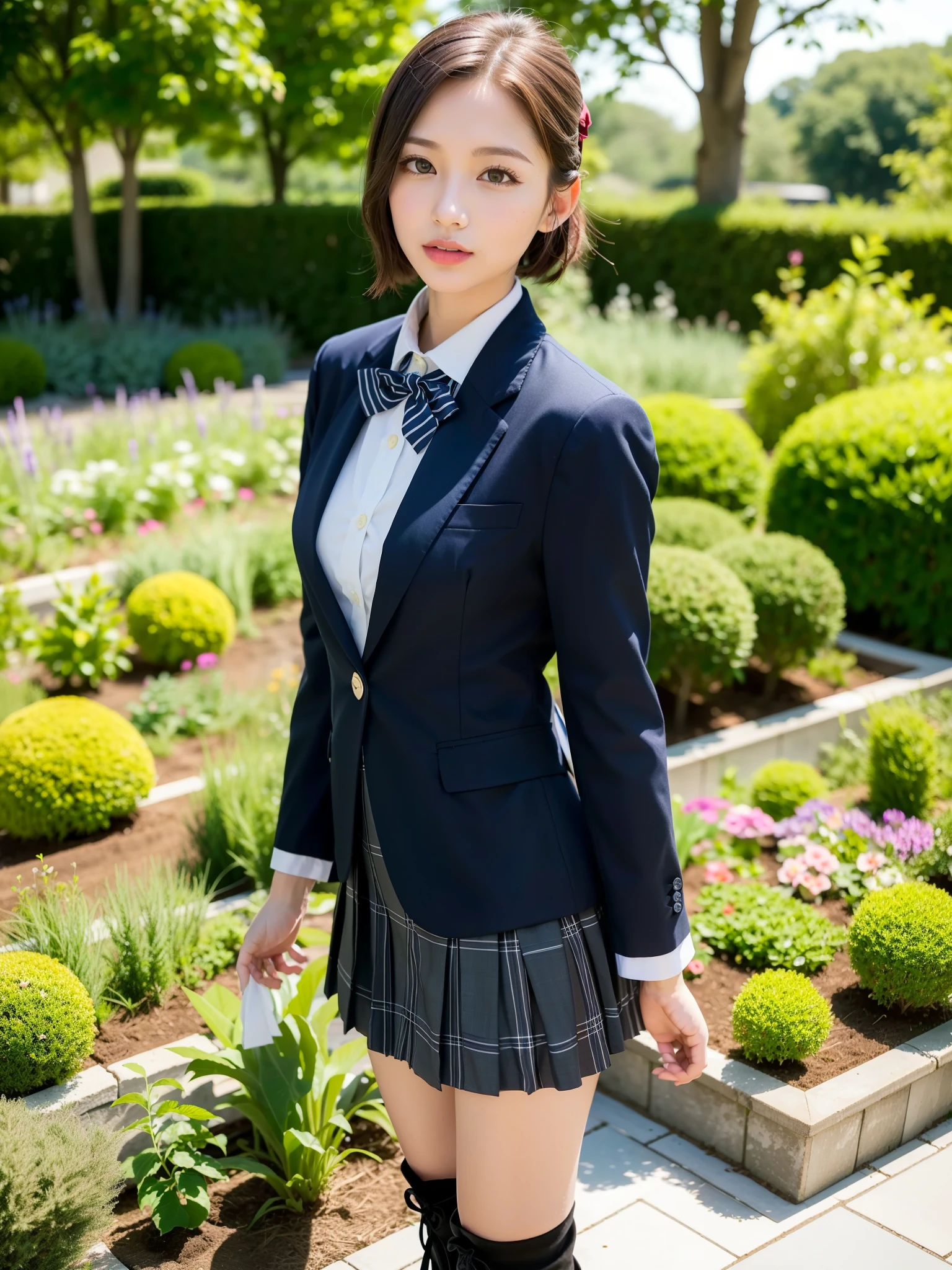 ((Best of the highest quality, 8k, Masterpiece: 1.3, raw photo)), Sharp focus: 1.2, (1 AESPA girl: 1.1), (Solo: 1.18), (realistic, photo-realistic:1.37), face focus, cute face, finely eyes, (Small breasts, flat chest, Thigh: 1.3), (wearing blazer school uniform dress:1.32), (multilayer-skirt), ((ribbon, frills):1.38), (thigh boots:1.2), short messy hair, updo, (standing, garden: 1.32)
